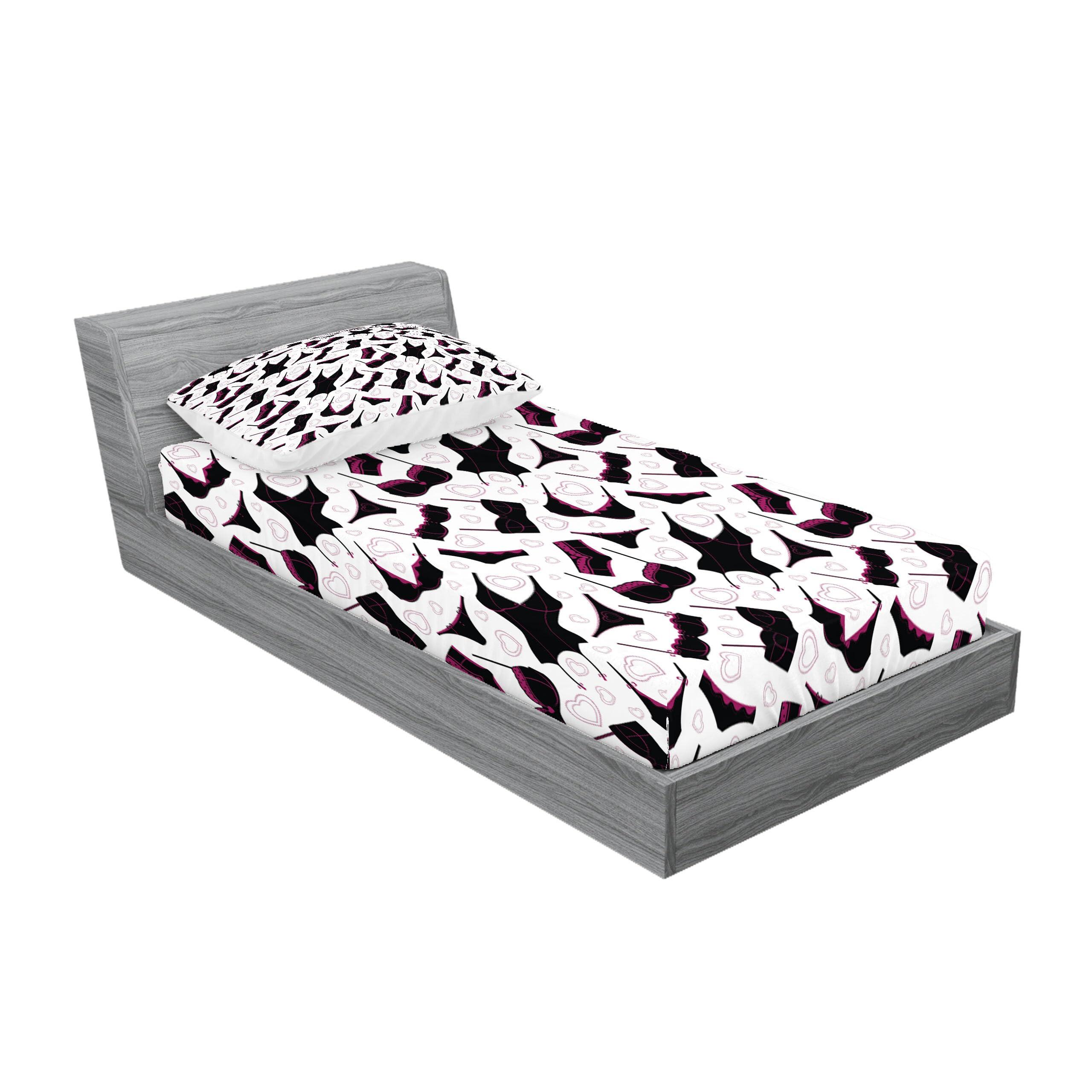 Ambesonne Retro Fitted Sheet & Pillow Sham Set, Lingerie Pattern Brassiere and Panties with Hearts Women`s Fashion Underwear, Decorative Printed 2 Piece Bedding Decor Set, Twinxl, Black Fuchsia White - Image 2