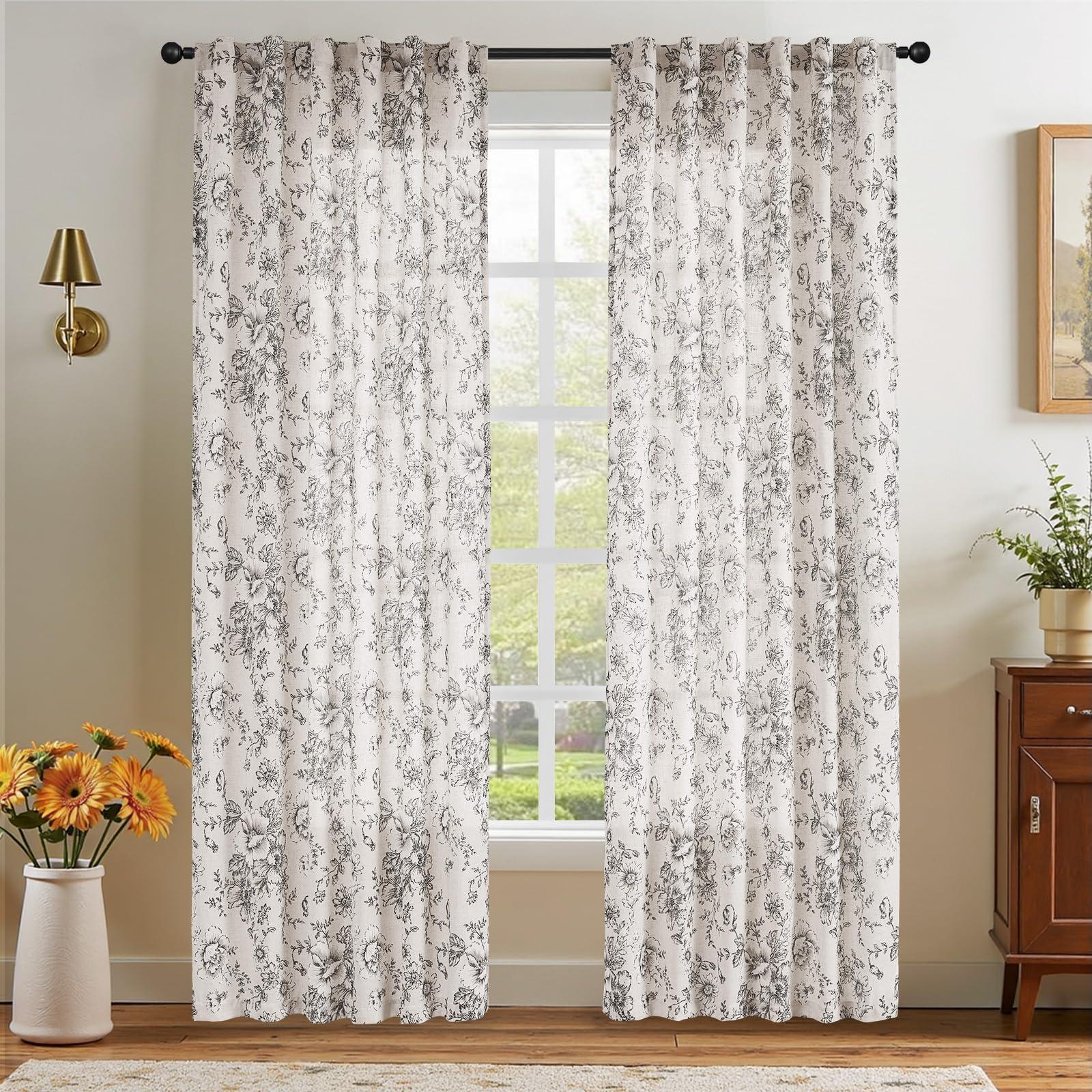 jinchan Linen Blend Curtain Floral Curtains for Living Room 84 Inch Length Black Printed Curtains Rod Pocket Back Tab Farmhouse Peony Flower Patterned Drapes Bedroom Window Curtain Set 2 Panels - Image 7