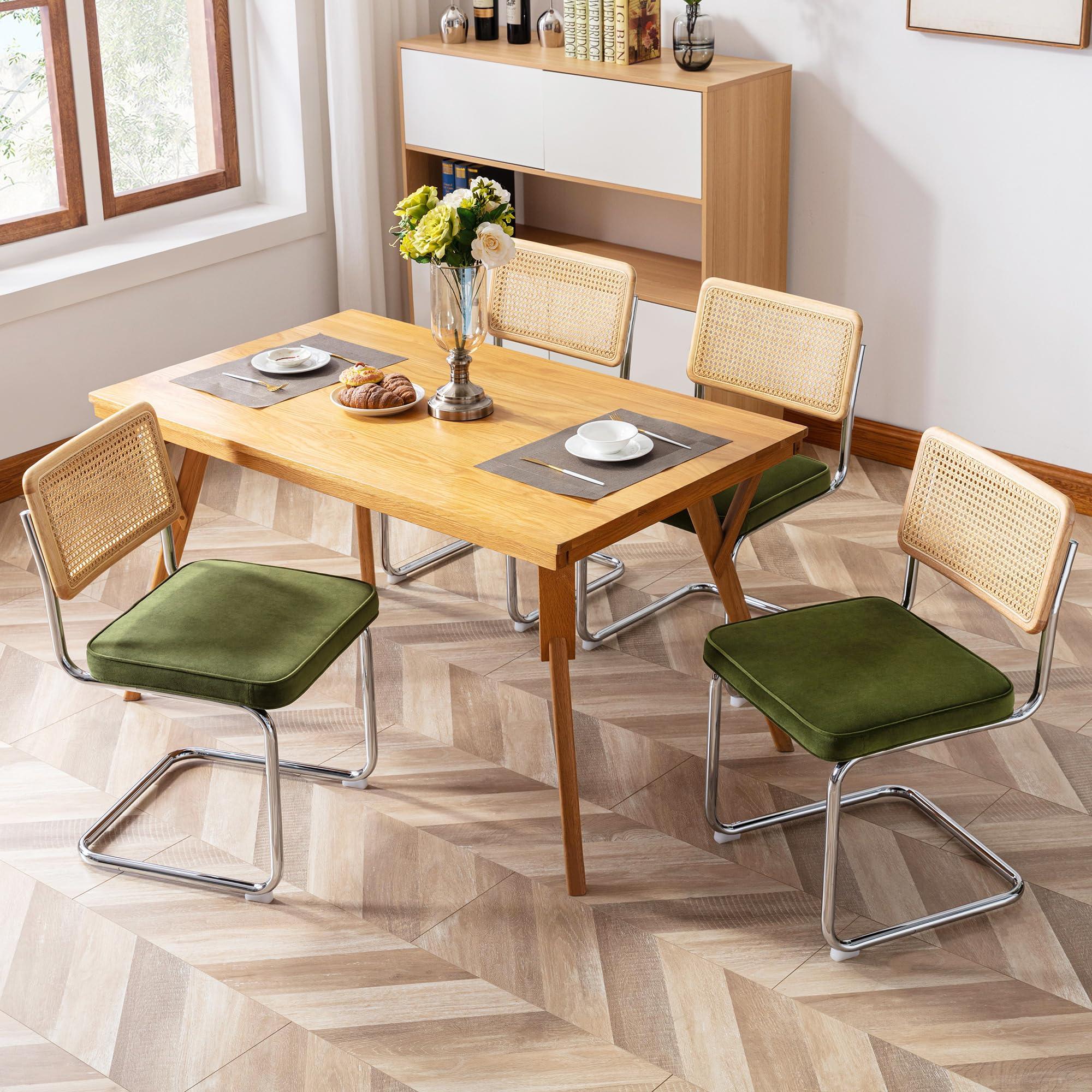 Zesthouse Natural Rattan Dining Chairs Set of 2, Modern Boho Kitchen Chairs with Solid Wood Back & Chrome Base, Mid Century Breuer Design Inspired, Upholstered Velvet Fabric, Green - Image 7