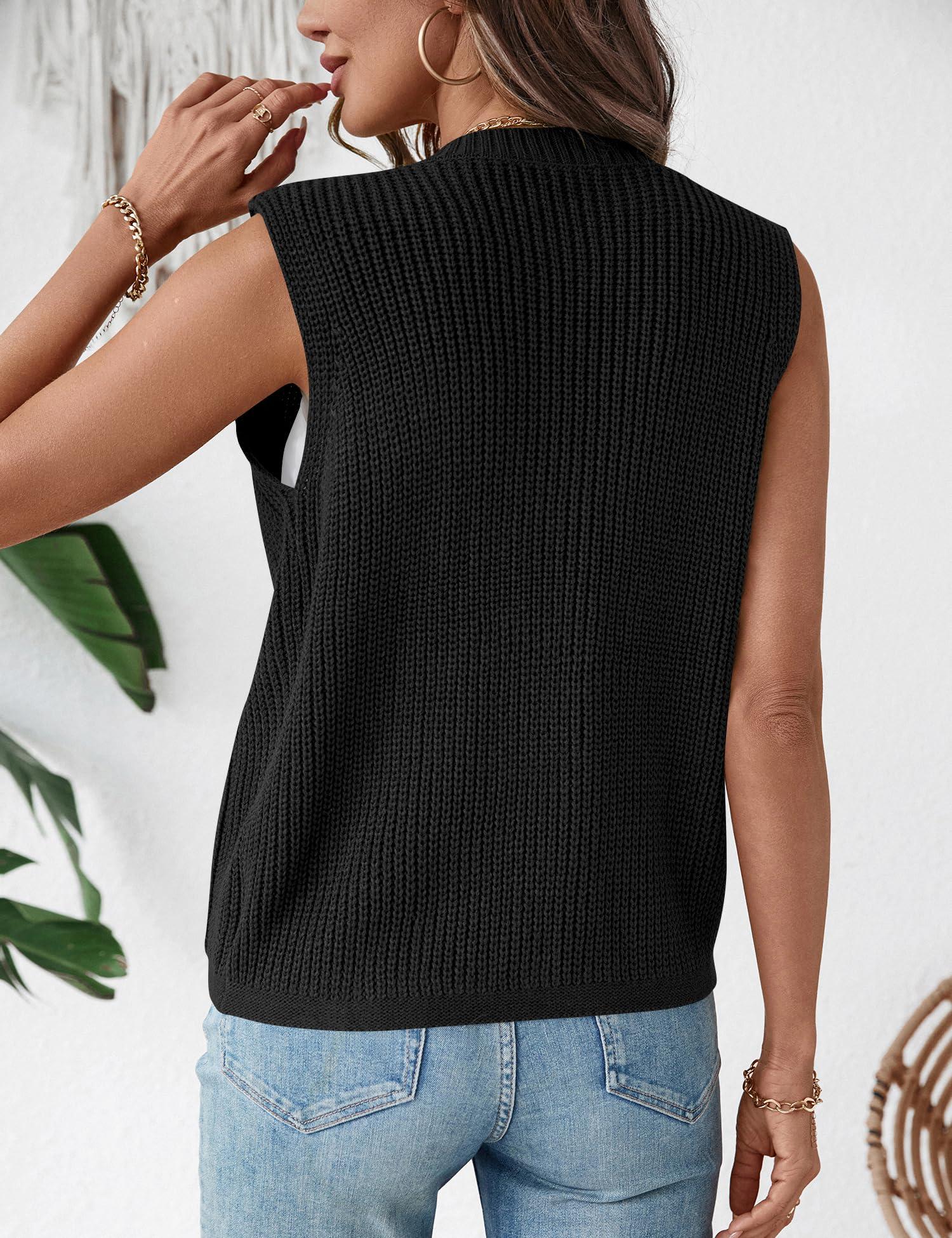 LUYAA Women Cardigan Vest Knit Button Round Neck Cardigan Tank Shirt Top Spring Summer Trendy Outfits Black M - Image 3
