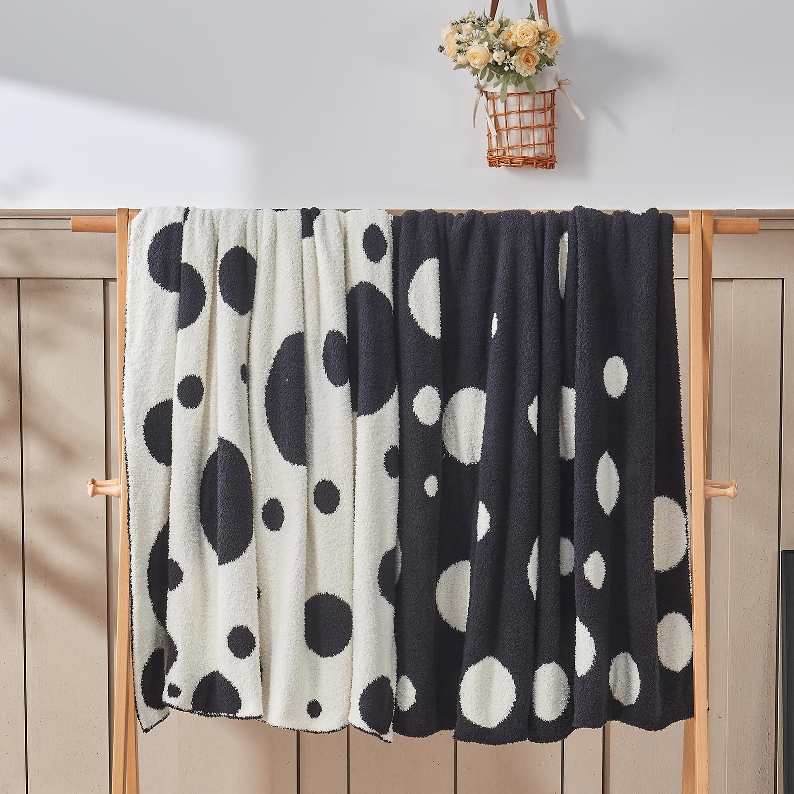 Douceur Polka Dot Throw Blanket for Couch Sofa Bed, Reversible Cozy Fluffy Super Soft Bedroom Blanket, Plush Jet Black Throw Blanket, 50×60 inches