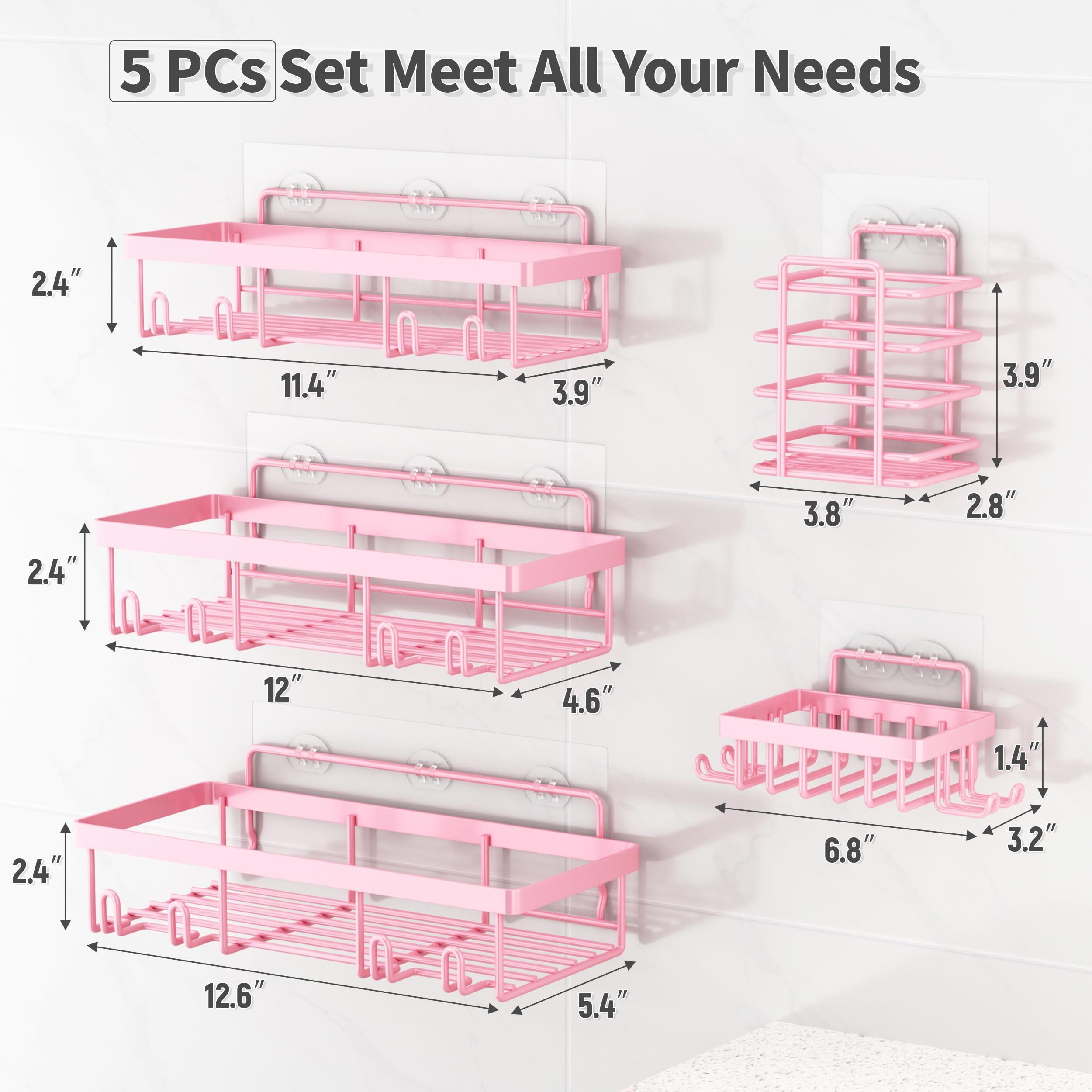 Liuoud 5 Pack Shower Caddy Organizer Rack Shelf for Inside Shower, Adhesive Bathroom Wall Storage Basket Rustproof Stainless Steel Shampoo Holder, Girly Bathroom Accessory Decor Set, Pink - Image 2