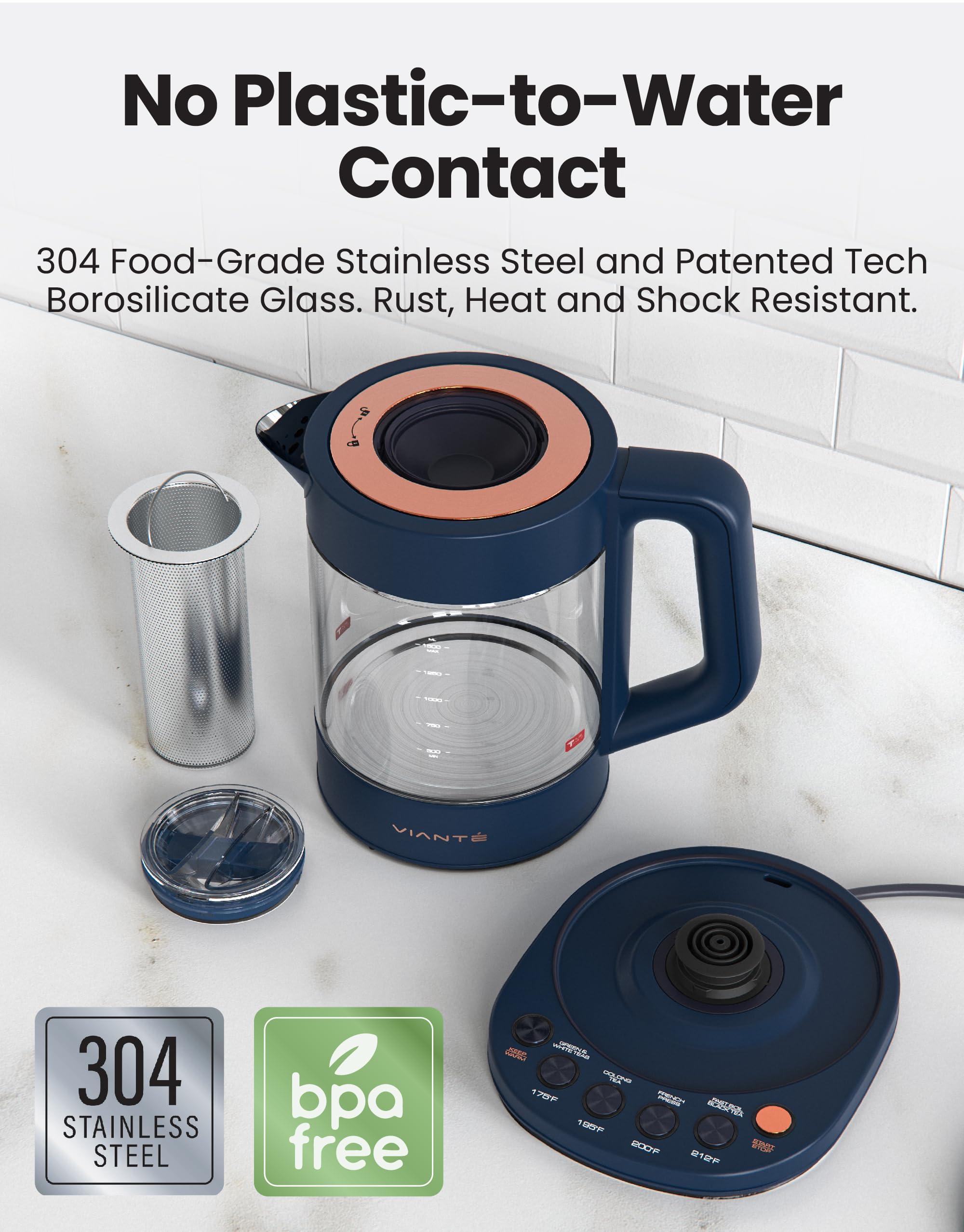 Vianté Electric Kettle With Infuser For Loose Leaf Tea. Hot Tea Maker With Temperature Control And Automatic Shut Off. Kettle With Brewing Programs. 1.5 Liters Capacity | Midnight Blue Color - Image 5