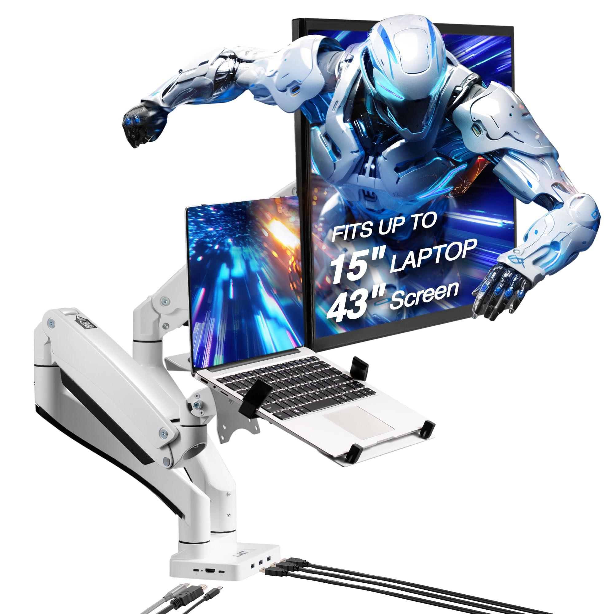AVLT Dual 17”-43" Monitor Arm Desk Mount with 15" Laptop Tray and USB-C Docking Station, HDMI 4K60Hz, USB-A 5Gbps, Ethernet, 100W PD, Fits Two Flat/Curved Monitor - White