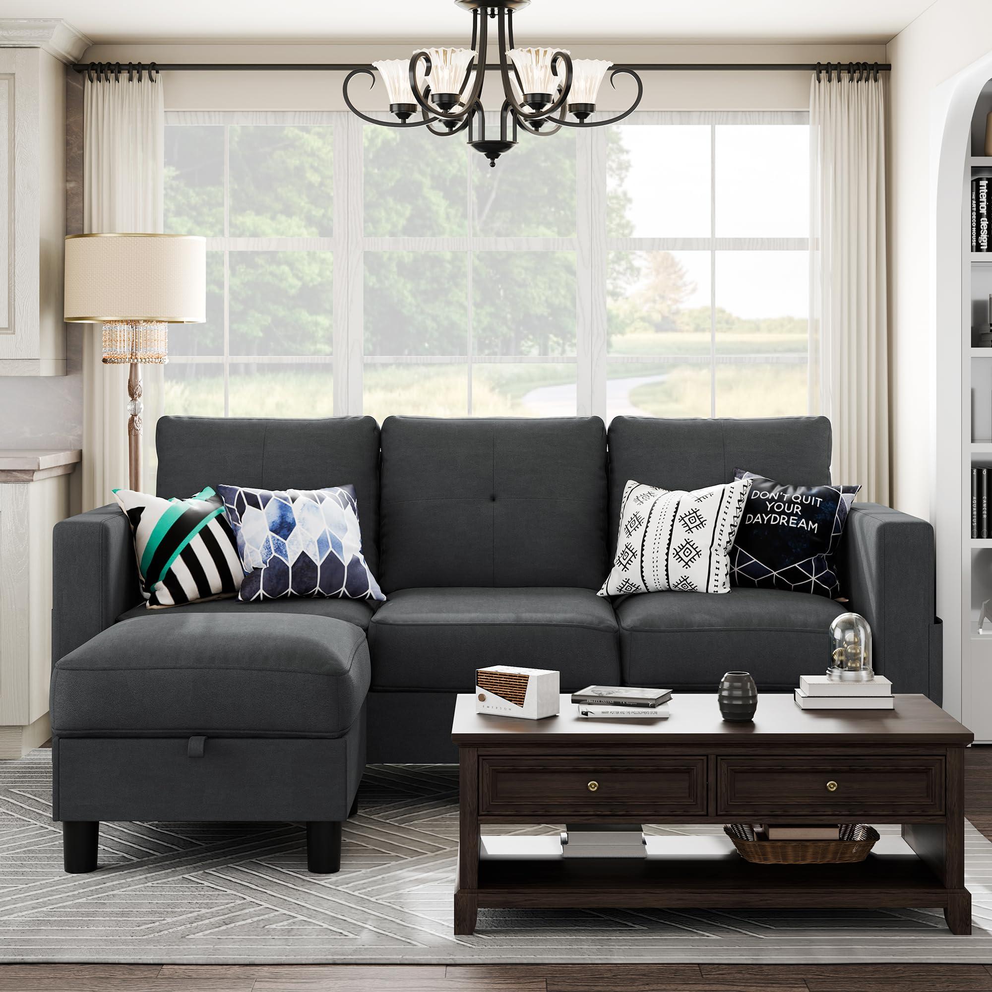Shintenchi Convertible L-Shaped Sectional Sofa with Ottoman, 3-Seater Modern Linen Couch with Reversible Chaise and Armrest for Apartment, Office, Small Space