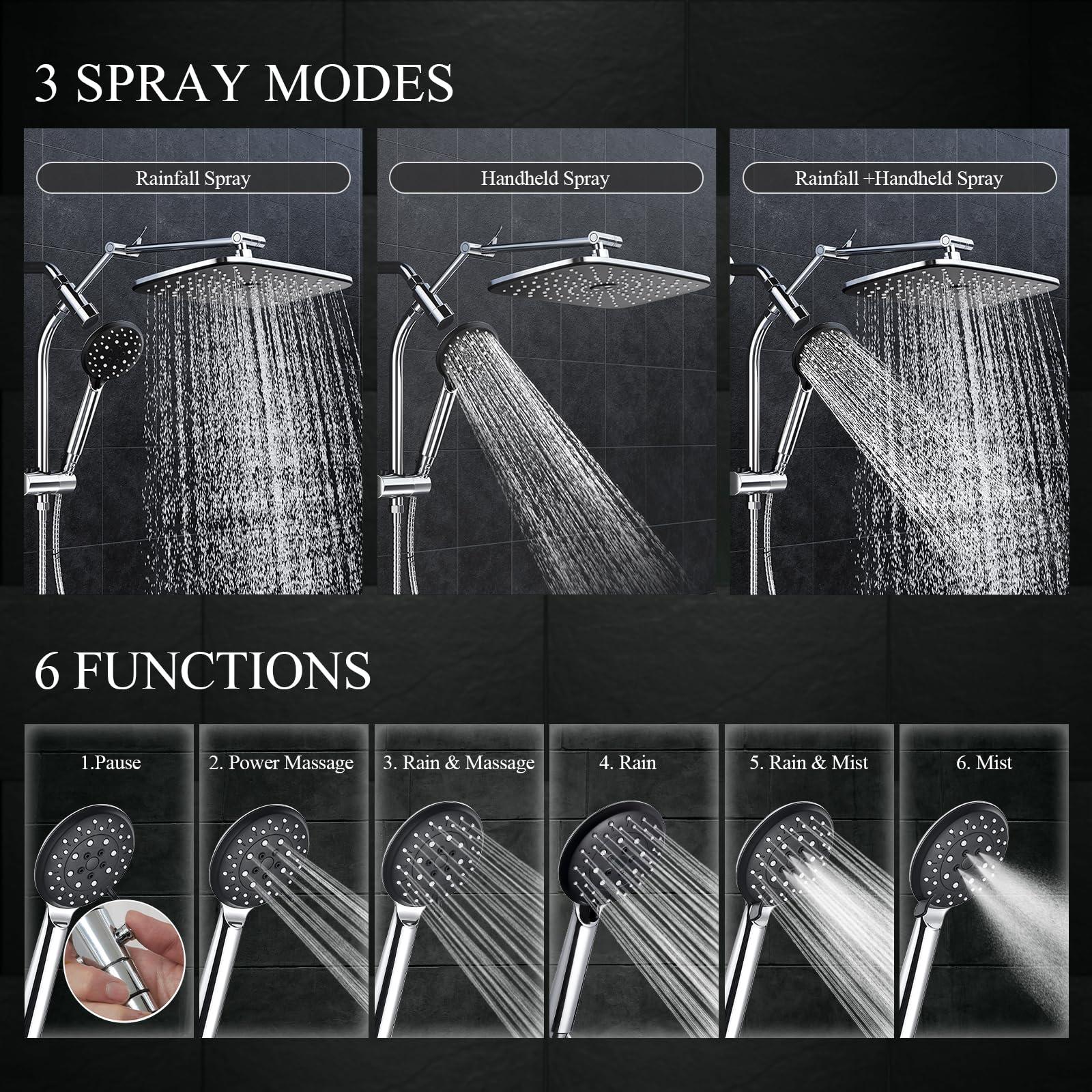 Veken 11.8 Inch Rain Shower with 6 Modes Handheld Water Spray,Upgraded 2-in-1 Slide Bar Shower Head,Wide Showerhead Combo for Bathroom Accessories, Adjustable Dual Shower with Arm，Silver Chrome - Image 4