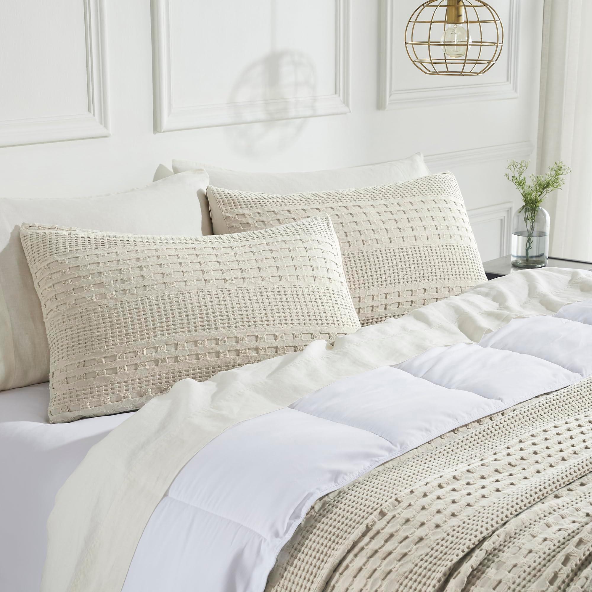 VHC Brands 100% Cotton Waffle Weave Natural King Size Sham Set of 2 20x36, Decorative Throw Pillow Covers/Shams, Boho Farmhouse Bedroom Decor