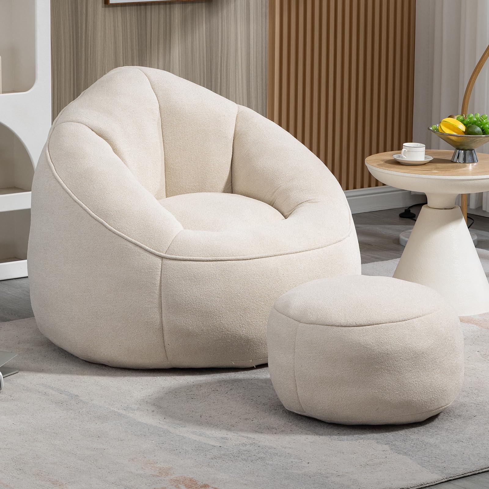 Sudwesto Bean Bag Chair for Adult, Microfiber Upholstered Bean Bag Sofa with Petal Back, Shell-Shaped Beanbag Chair with Footstool, Memory Foam Stuffed Lazy Sofa for Living Room, Bedroom (Beige)