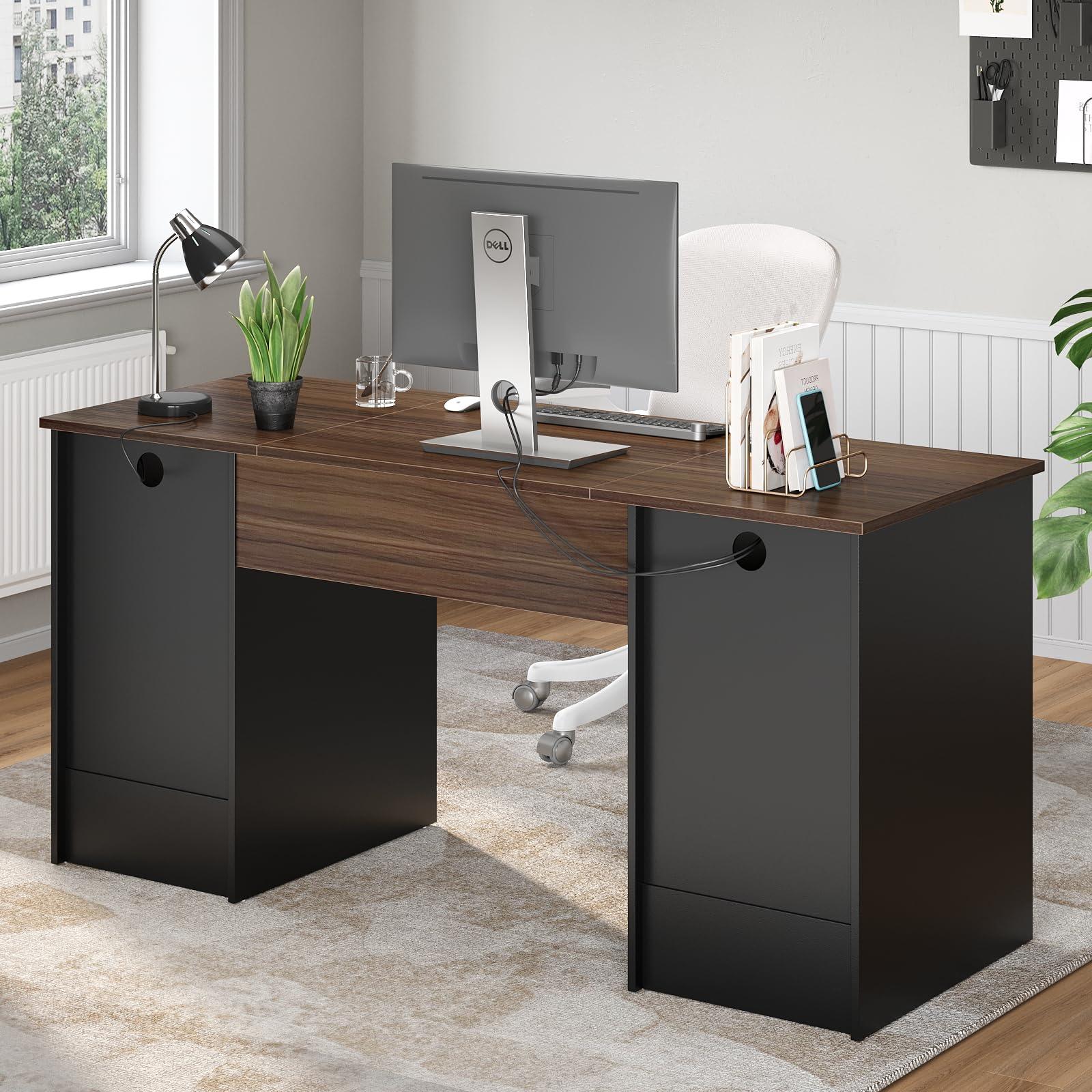 Bestier 59” Computer Desk with 4 Drawers, Office Desk with Storage, Industrial Executive Desk with File Drawer, Keyboard Tray & 2 Pedestals for Home Office & Studio, Cherry - Image 8