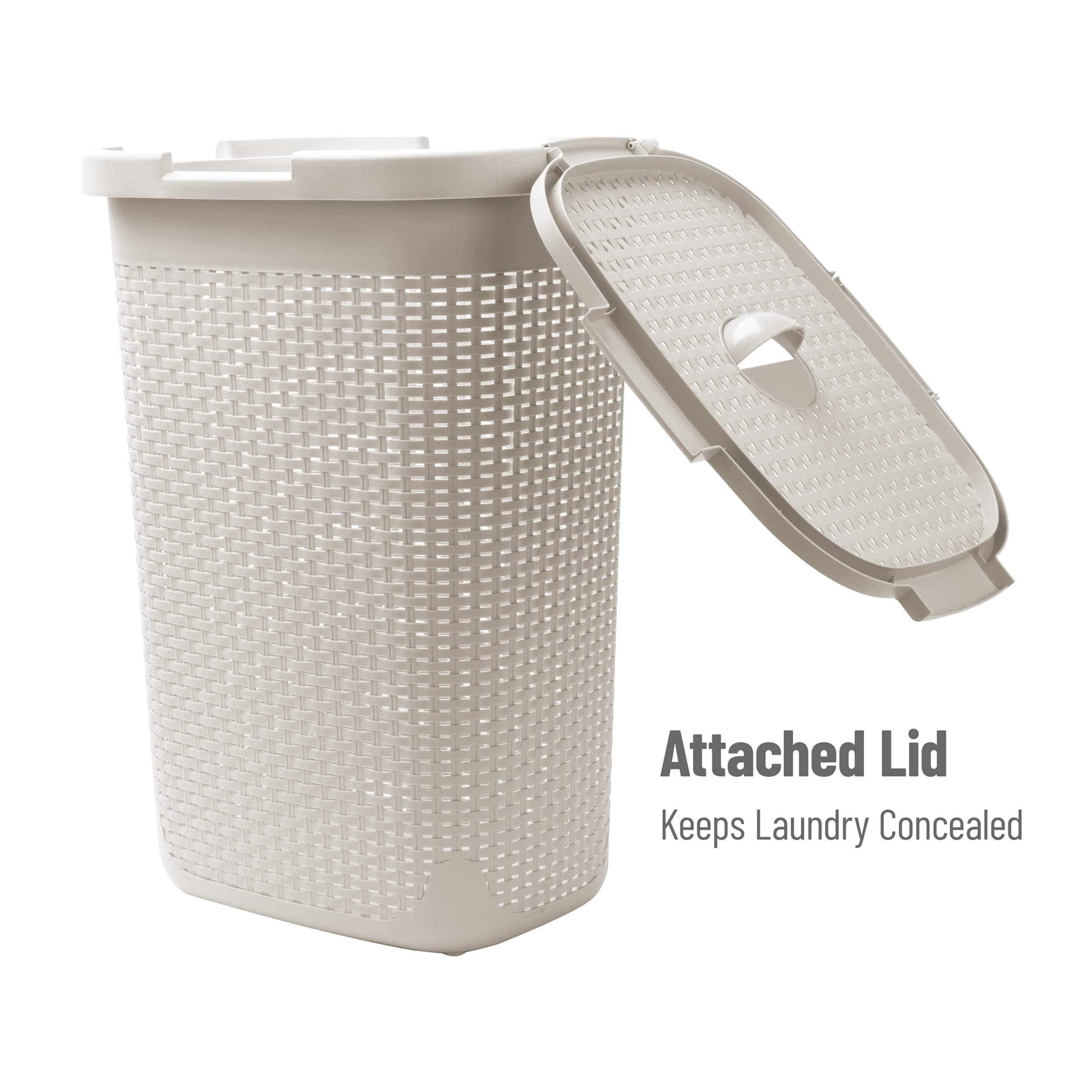Mind Reader 60L Slim Laundry Hamper, Clothes Basket, Lid, Wicker Design, Plastic, 17.65"L x 13.75"W x 24.15"H, Ivory - Image 5