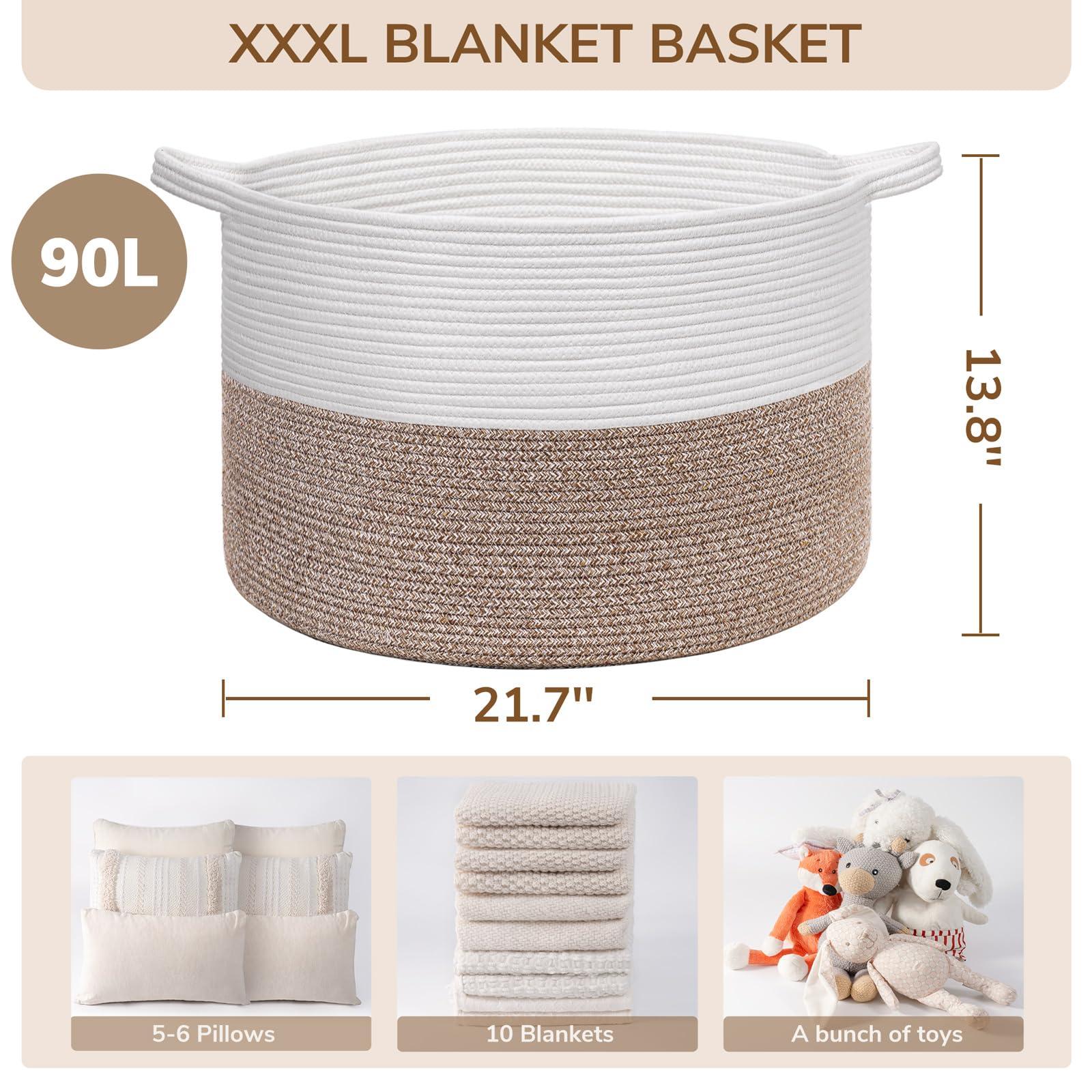 INDRESSME XXXLarge Cotton Rope Basket 21.7" x 21.7" x 13.8" Woven Baby Laundry Blanket Basket Toy Baskets with Handle Storage Comforter Cushions Thread Laundry Hamper - Image 3