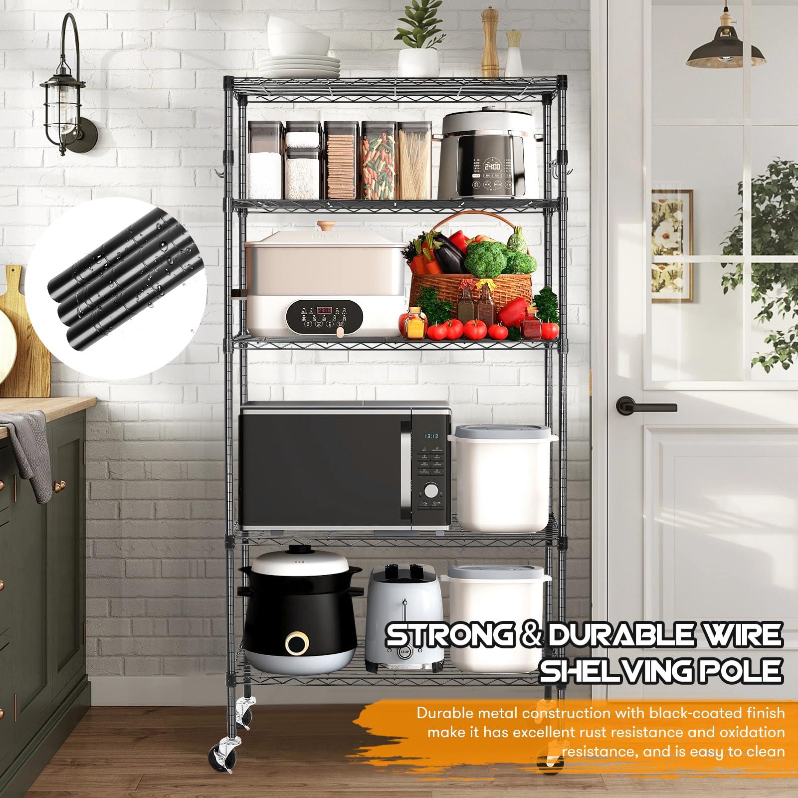YNN Storage Shelves,1750Lbs 5 Tier Heavy Duty Metal Rolling Shelving Unit with Wheels & 8 Hooks, Adjustable Garage Wire Rack for Kitchen, Bathroom,Industrial,Pantry(36" W x 14" D x 72" H,Black) - Image 7