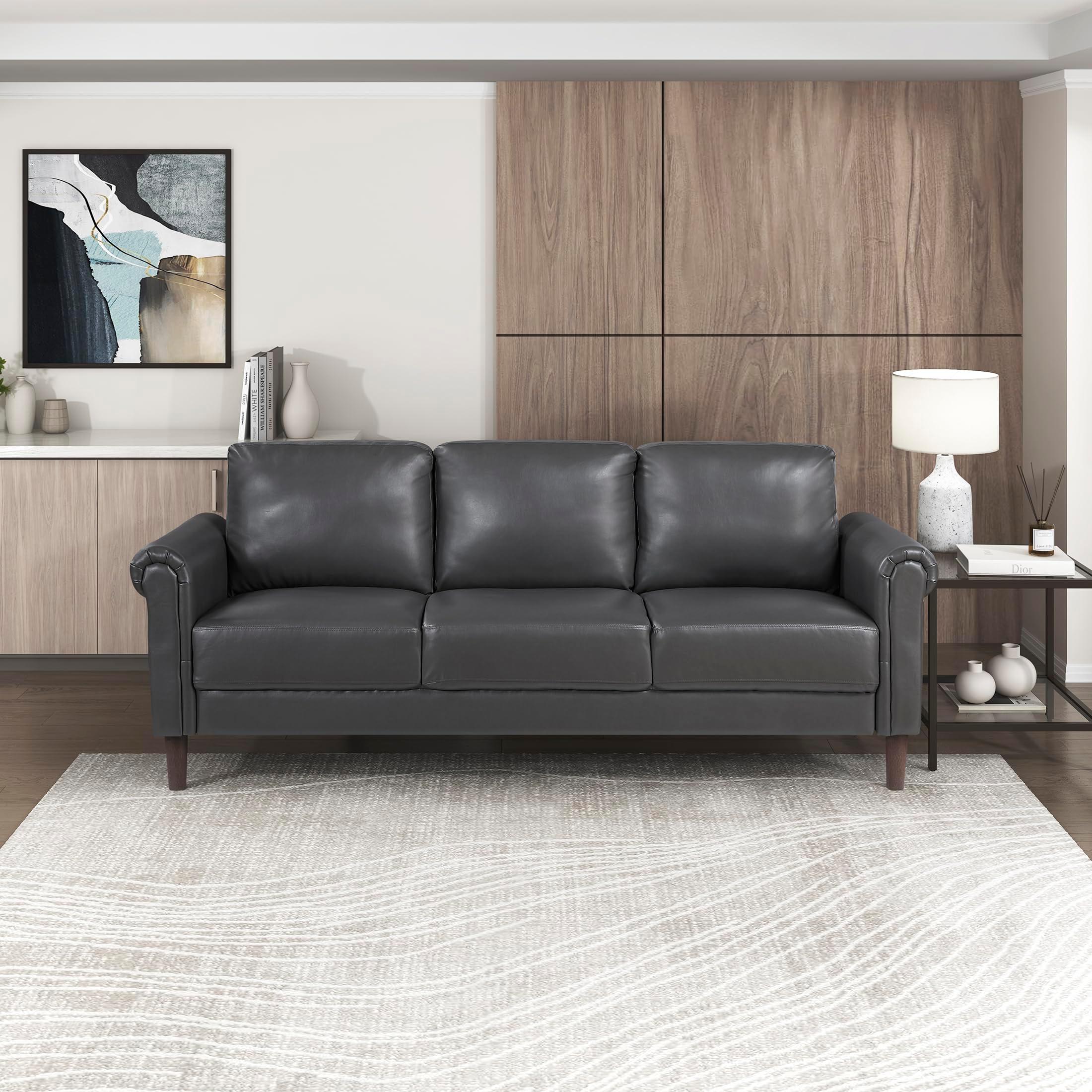 Lexicon 79" W Sofa Couch, Faux Leather Upholstered Couch, Sofa with Rolled Armrest for Bedroom/Office/Waiting Room, 3 Seater, Dark Gray - Image 5
