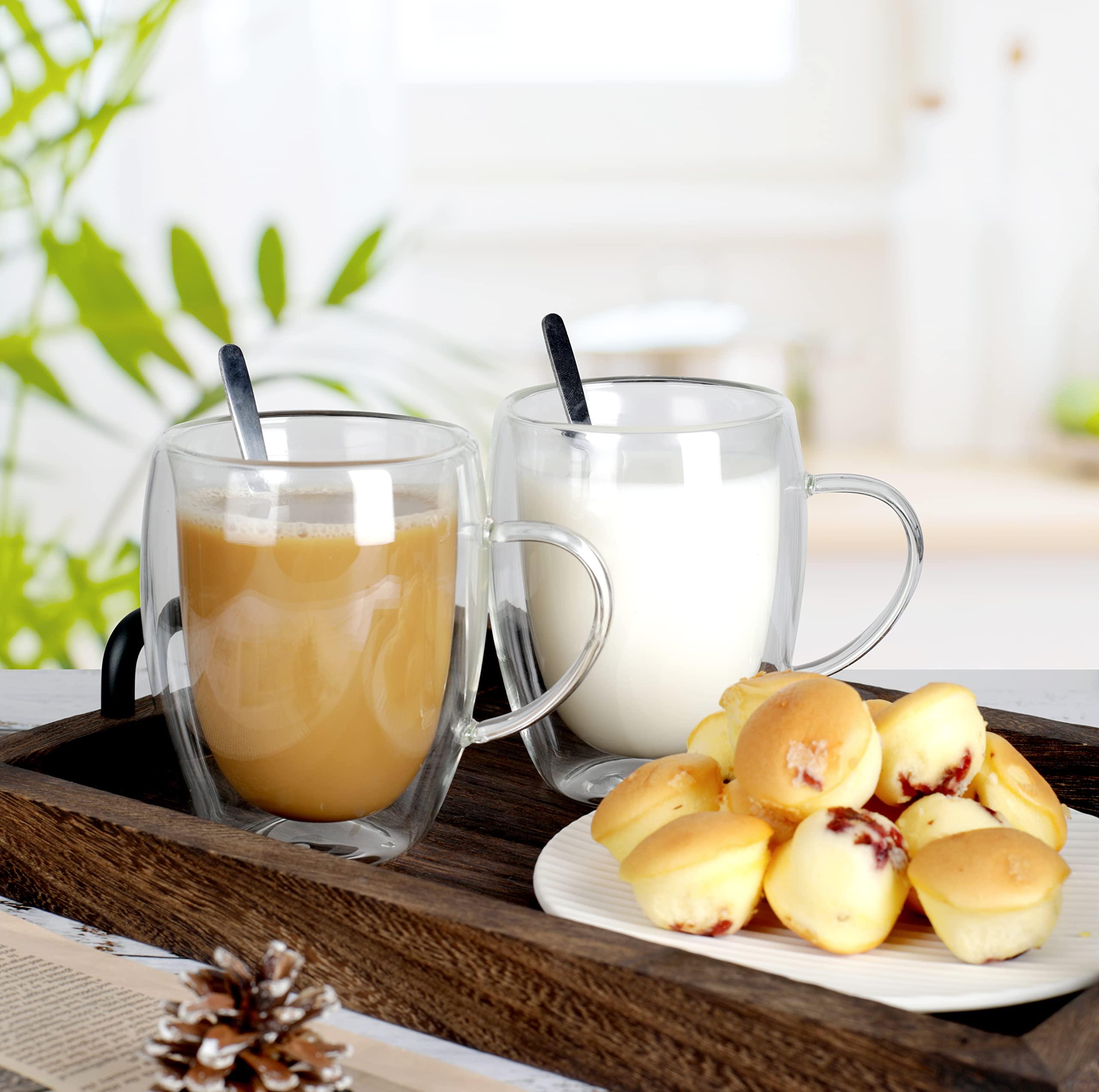 LIBWYS 6 Pack Double Walled Coffee Cups Glasses Mugs, 12oz Espresso Cappuccino Latte Tea Cups with Handle, Heat Resistant Borosilicate Clear Glasses 350ml - Image 2