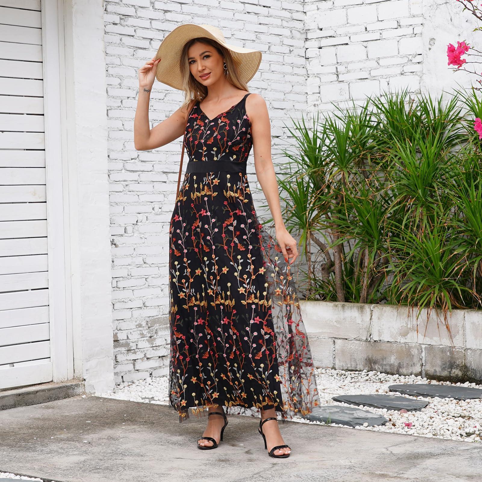 Long Floral Embroidery Dress for Women Flower Embroidered Maxi Dress Spaghetti Straps Formal Evening Party Tulle Prom Dress - Image 5