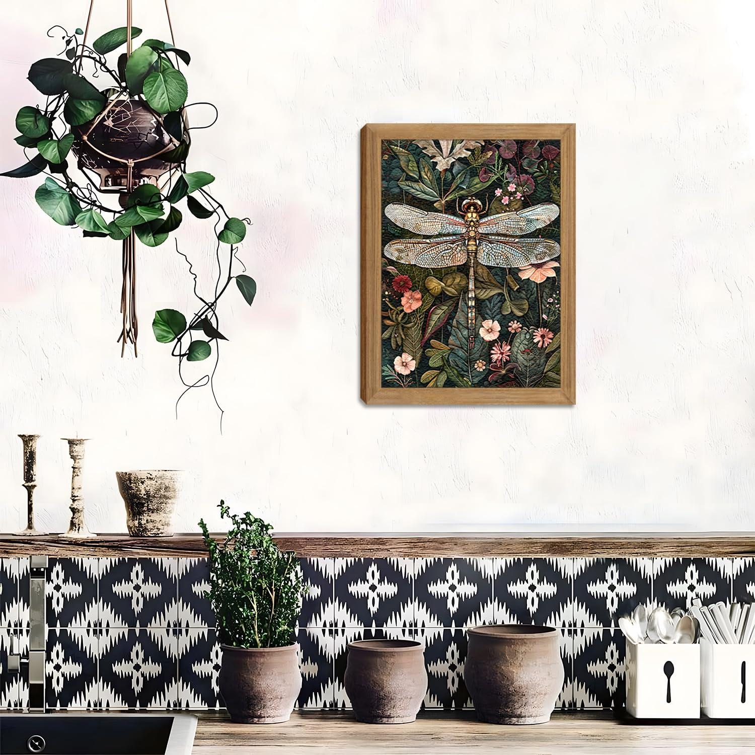 Framed Vintage 3D Textured Wall Art - Dark Green Dragonfly Flowers Wall Decor - Hand Drawn Sandstone Nature Botanical Pictures for Living Room Bedroom Home Decor 12x16in - Image 8