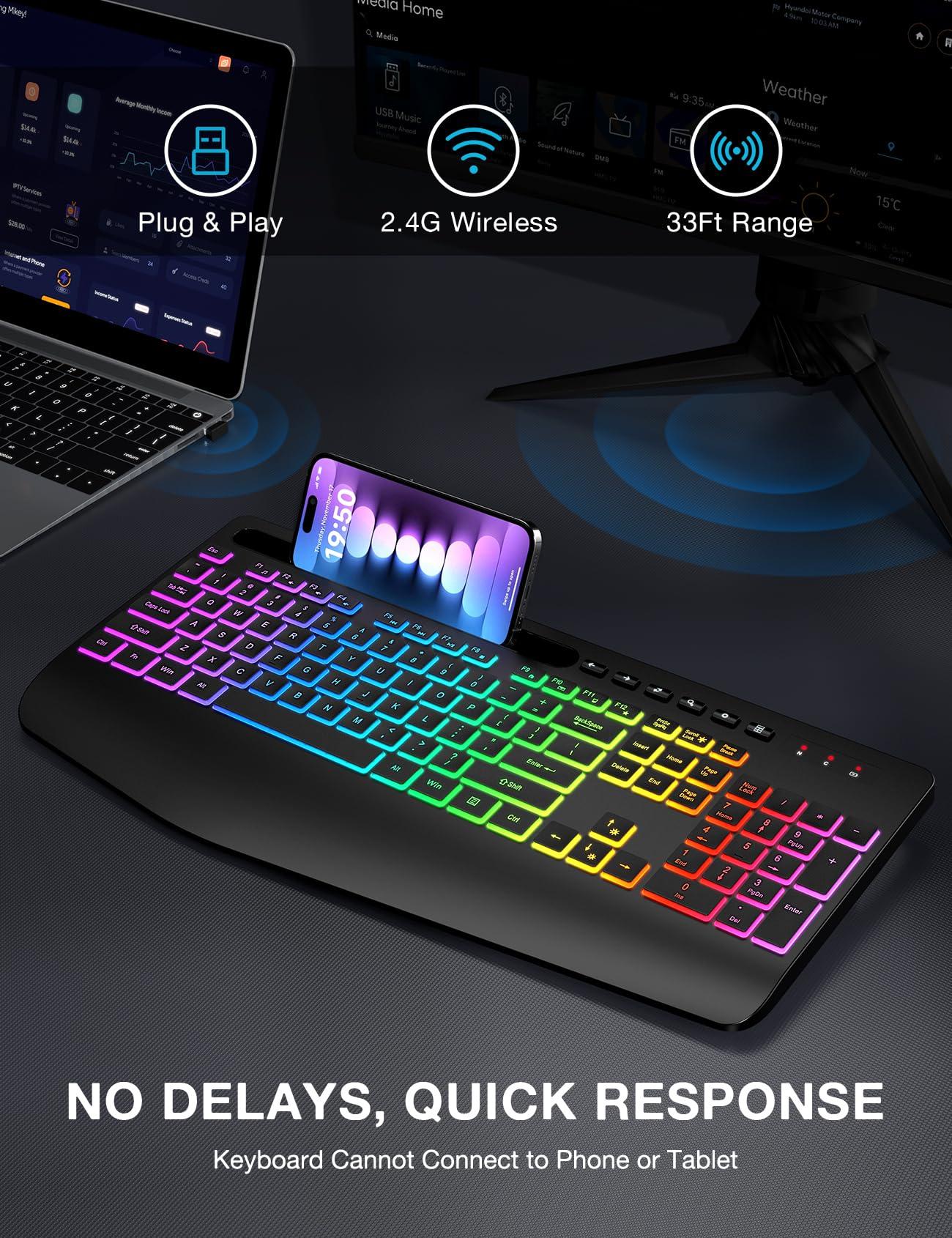 Wireless Keyboard with 8 Colored, 9 Effects Backlits, Wrist Rest, Phone Holder, Rechargeable Ergonomic Computer Keyboard with Silent Keys, 2.4G Lag-Free Cordless Set for PC, Laptop, Windows, MacBook - Image 7