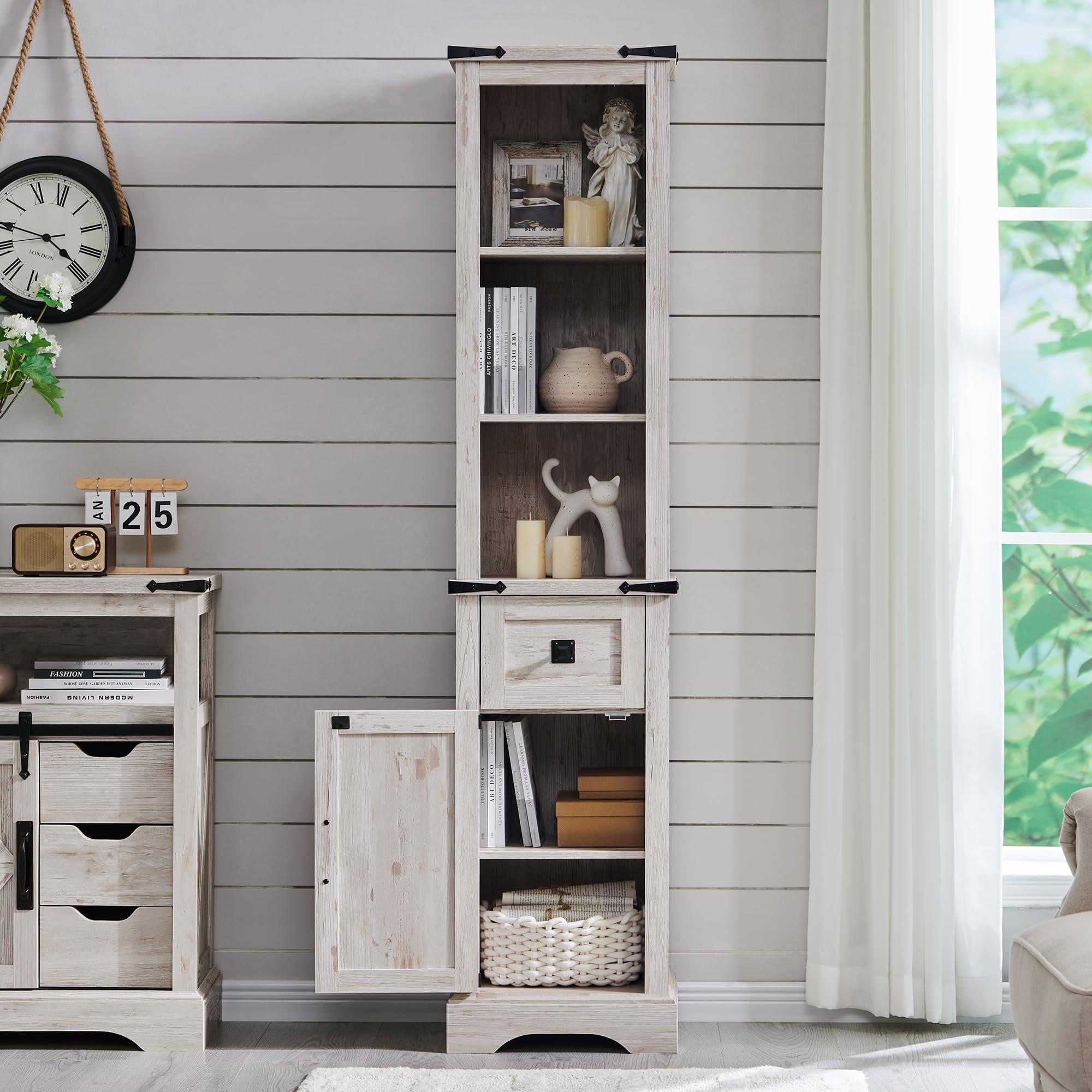 RedLemon Farmhouse Slim Bathroom Storage Cabinet, 68" Tall Storage Cabinet with Drawer & Adjustable Shelves, Rustic Narrow Storage Cabinet for Living Room, Bathroom, Kitchen, Antique Brush White - Image 3