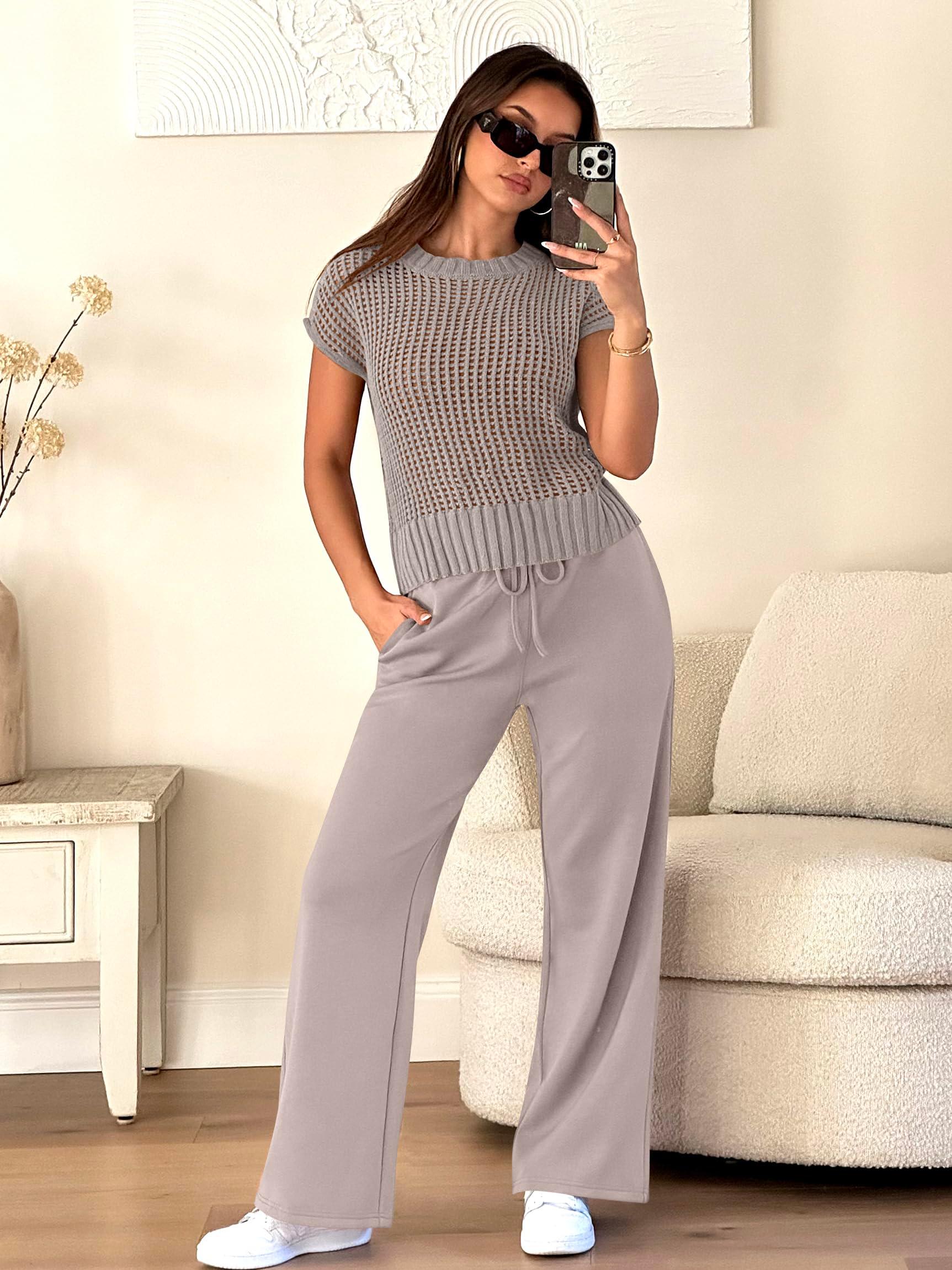 ANRABESS Women Two Piece Outfits Crochet Sheer Knit Sweater Top Wide Leg Pants Lounge Matching Sets Sweatsuit Travel Clothes - Image 4