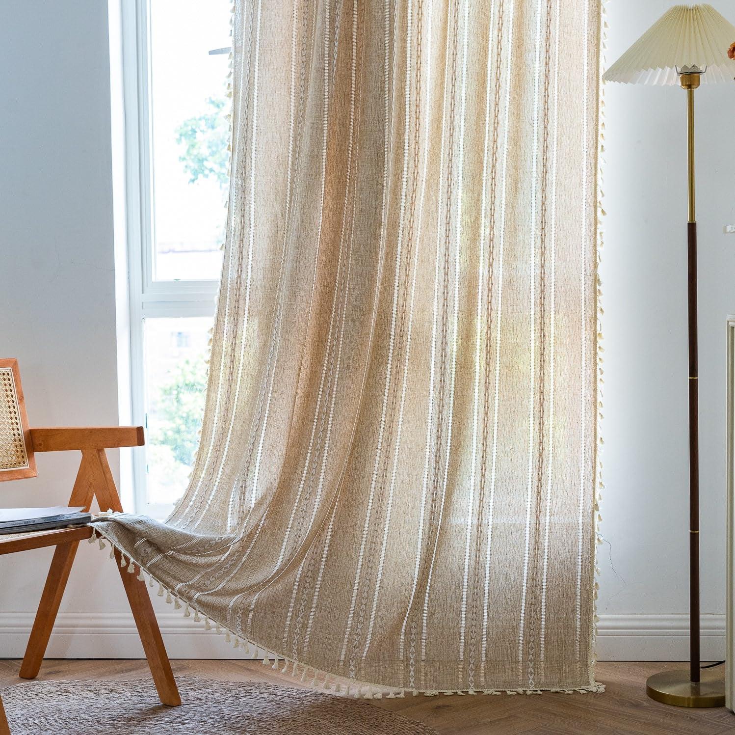 Sutuo Home Boho Curtain for Bedroom Living Room 84 Inches Length, Light Filtering French Country Farmhouse Vintage Chic Tassels Hollow Window Treatment Bohemian Drape, 1 Panel 52" W x 84" L Natural - Image 4