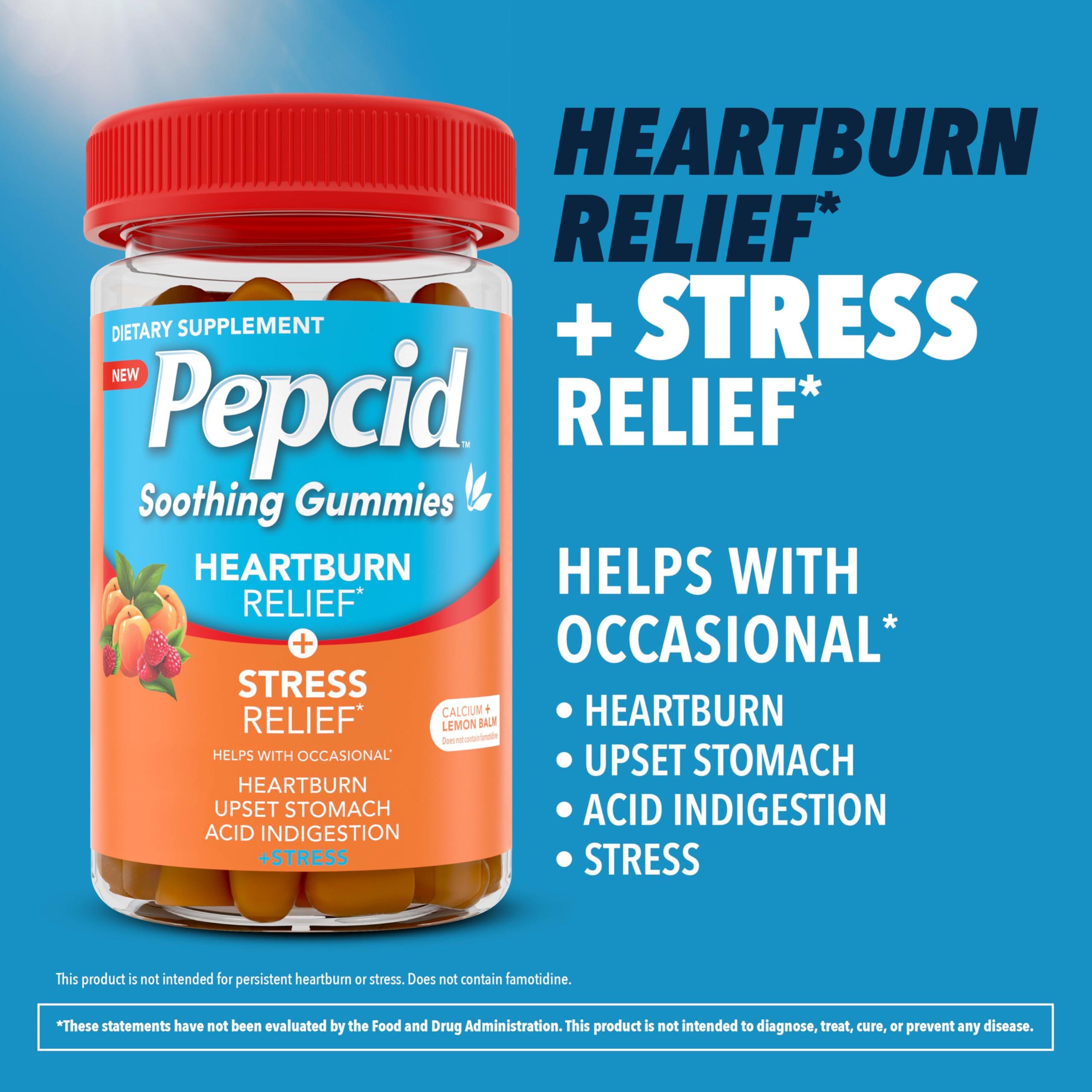 Pepcid Soothing Gummies, Heartburn Relief + Stress Relief Gummies Help with Occasional Heartburn, Upset Stomach, Acid Indigestion, & Stress, Tricalcium Phosphate, Peach-Raspberry, 32 ct - Image 4