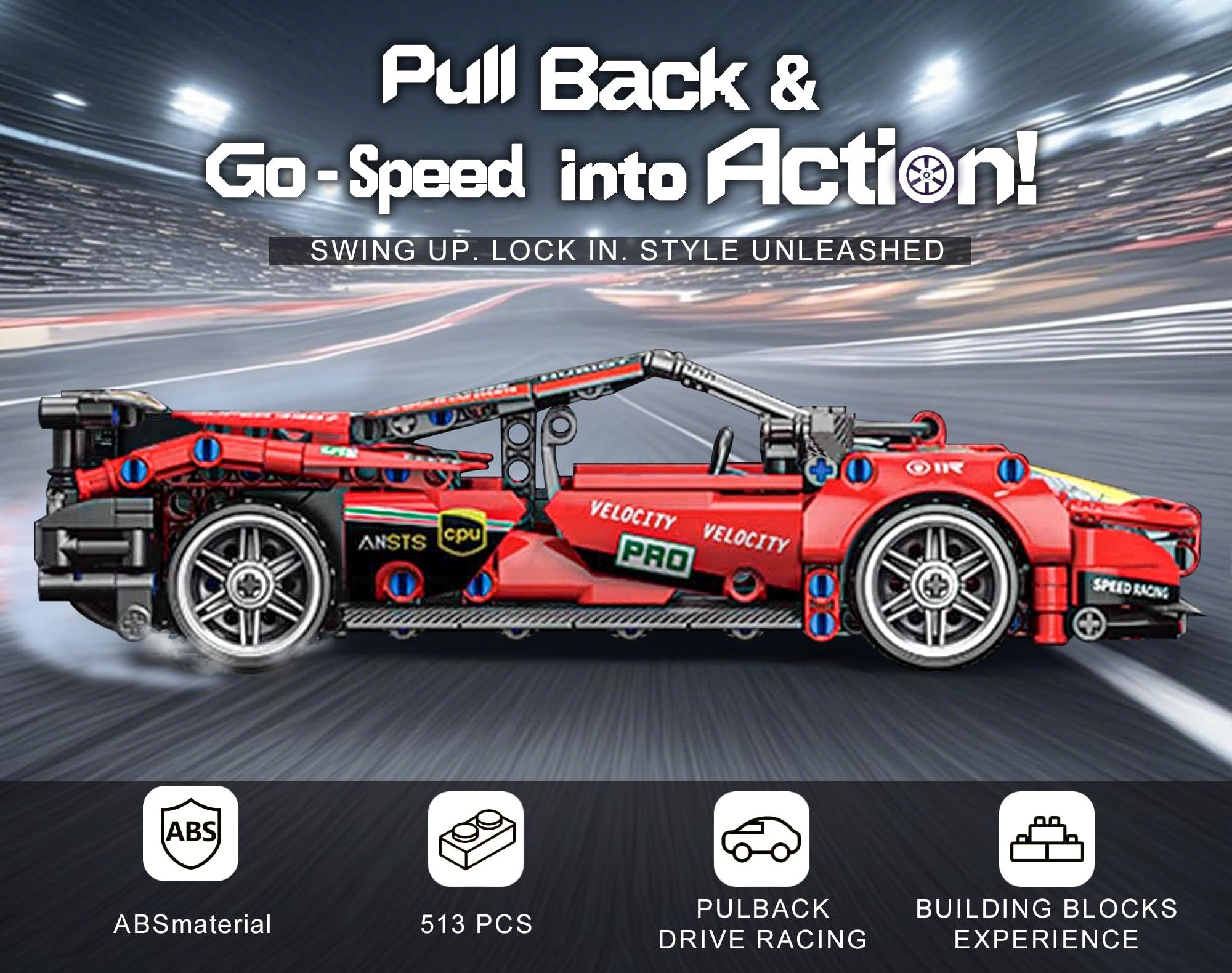 Sosuy Building-Block Race-Car Set, 1:18 Technical Model Kit 513 Pcs DIY Red Pull-Back Toy for Boy Girl Kid Age 6+ Year, Birthday Gift for Teen Adult Display, Speed Super Sports Cars Bricks Icons - Image 4