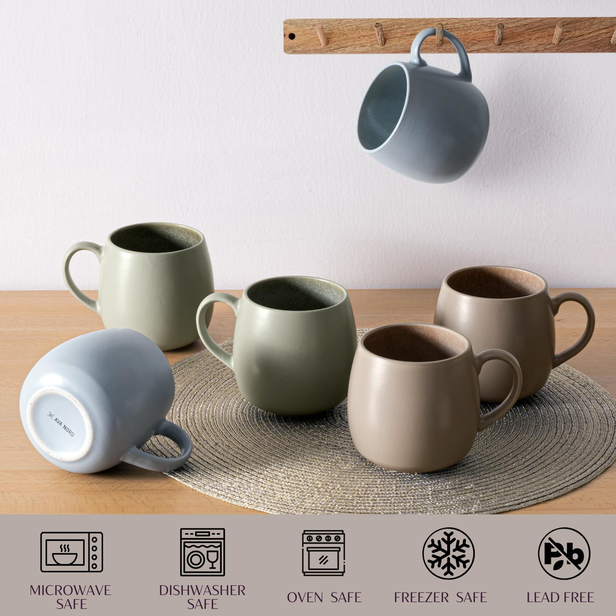 Ava Nord Ceramic Coffee Mugs Set of 6, 14oz - Modern Scandinavian Aesthetic Cup - Microwavable Stoneware Coffee Cups with Comfortable Handle - Tea Mug Set for Latte, Cappuccino, Soup - Mixed Neutrals - Image 4
