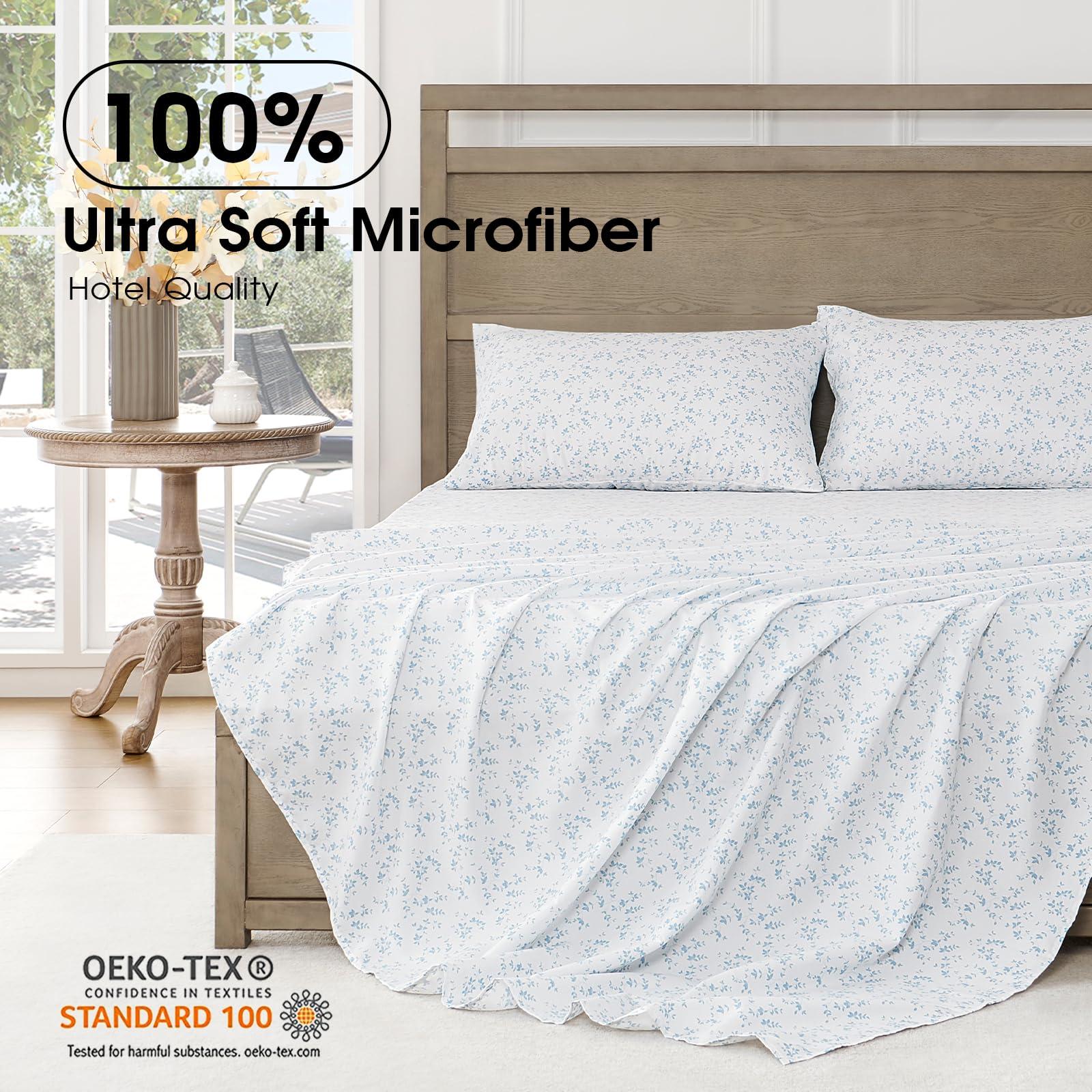 FreshCulture Floral Bed Sheets - Ultra Soft Queen Sheet Set - Brushed Microfiber Blue Floral Sheets - Deep Pockets up to 16" - Easy Care - Hotel Luxury 4 Piece Flower Printed Sheets Queen, Lille - Image 3