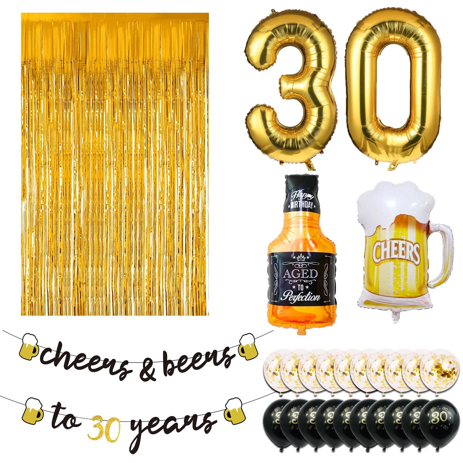30th Birthday Decorations for Him, 30 Birthday Decorations with 40 Inch Gold 30 Number Balloons, Cheers to 30 Years Banner,Fringe Curtains and Cups Foil Balloons - Image 6