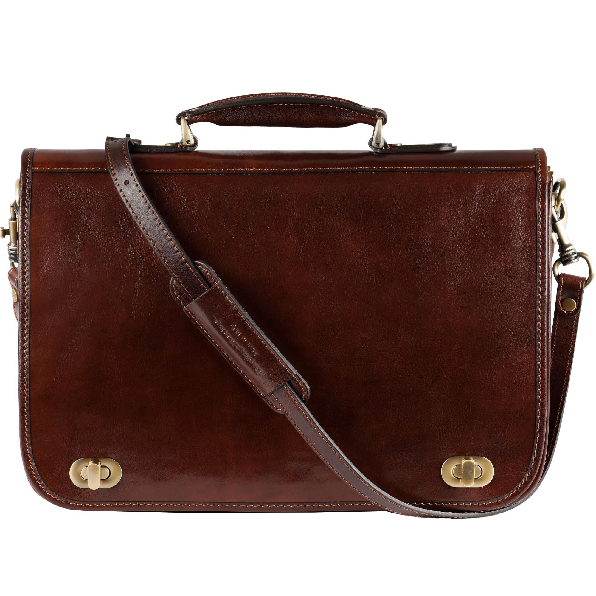 Time Resistance Leather Briefcase for Men - Italian Full Grain Leather Laptop Bag - Messenger Bag - Gift Box Included - Image 1