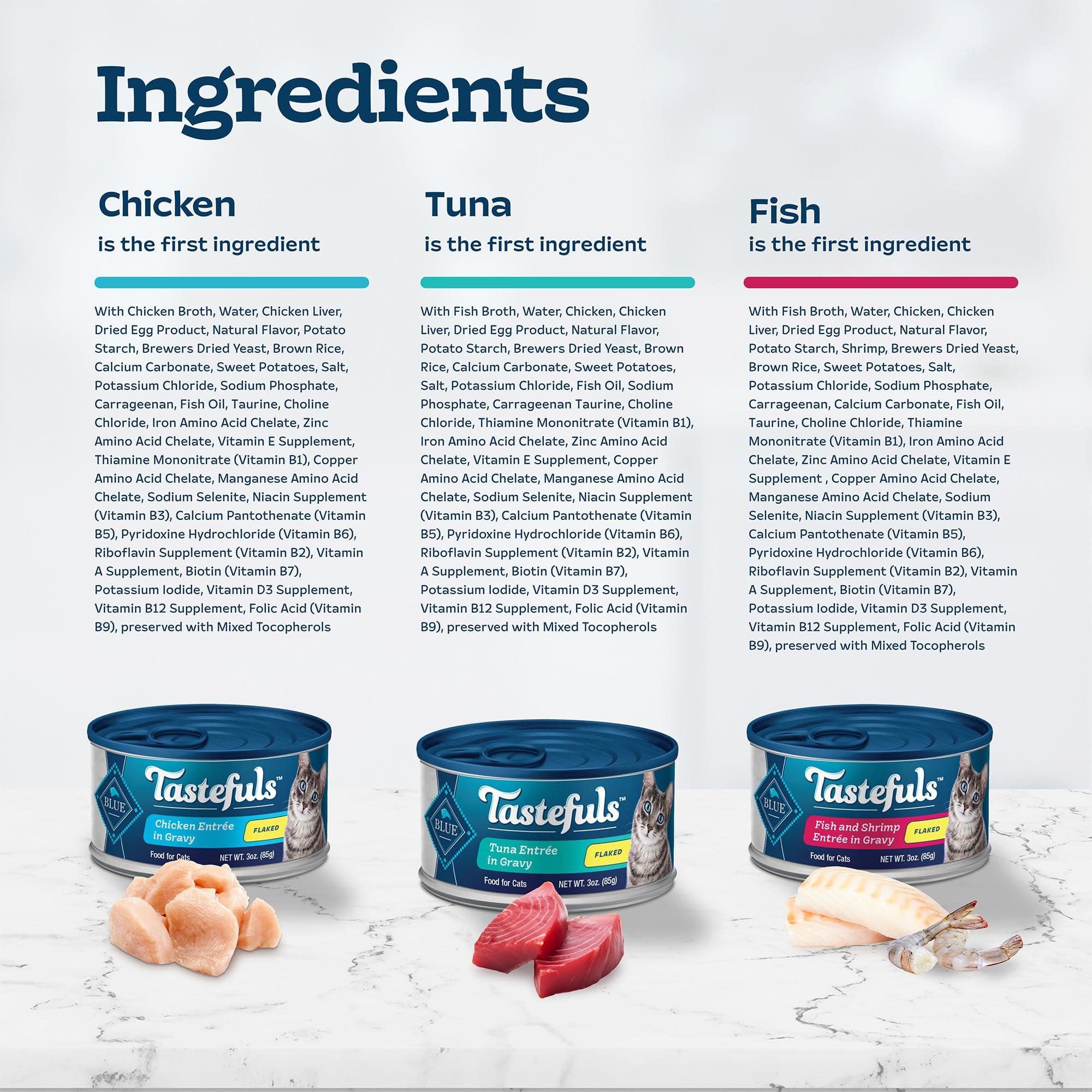 Blue Buffalo Tastefuls Flaked Wet Cat Food Variety Pack, Made with Natural Ingredients, Tuna, Chicken, Fish & Shrimp, 3-oz Cans (12 Count, 4 of Each) - Image 5