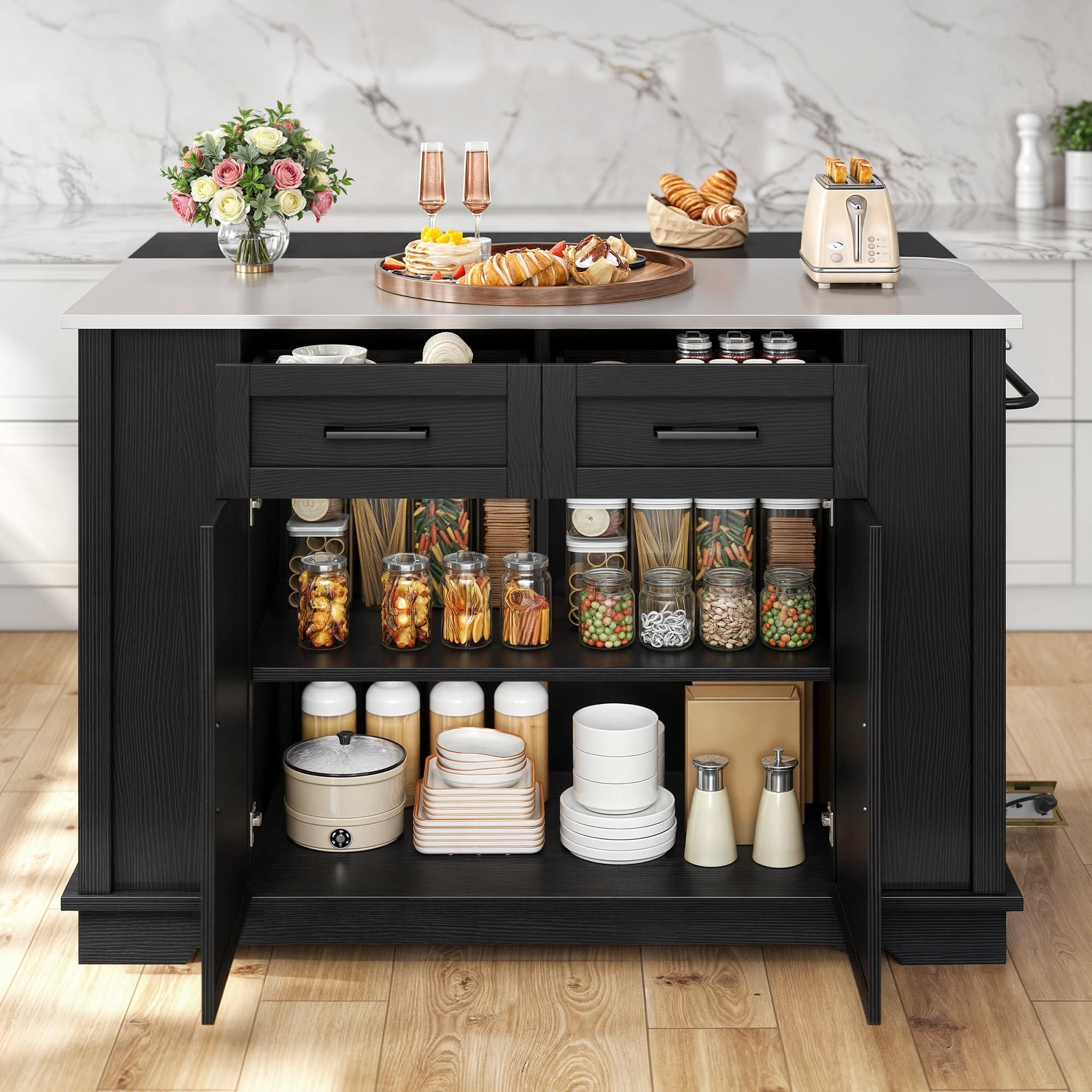 YITAHOME Kitchen Island with Drop Leaf, 47 Inch Mobile Stroage Islands with Stainless Steel Top, Rolling Island Table with Power Outlet, Adjustable Shelves, Spice Rack, Towel Rack for Kitchen, Black - Image 4