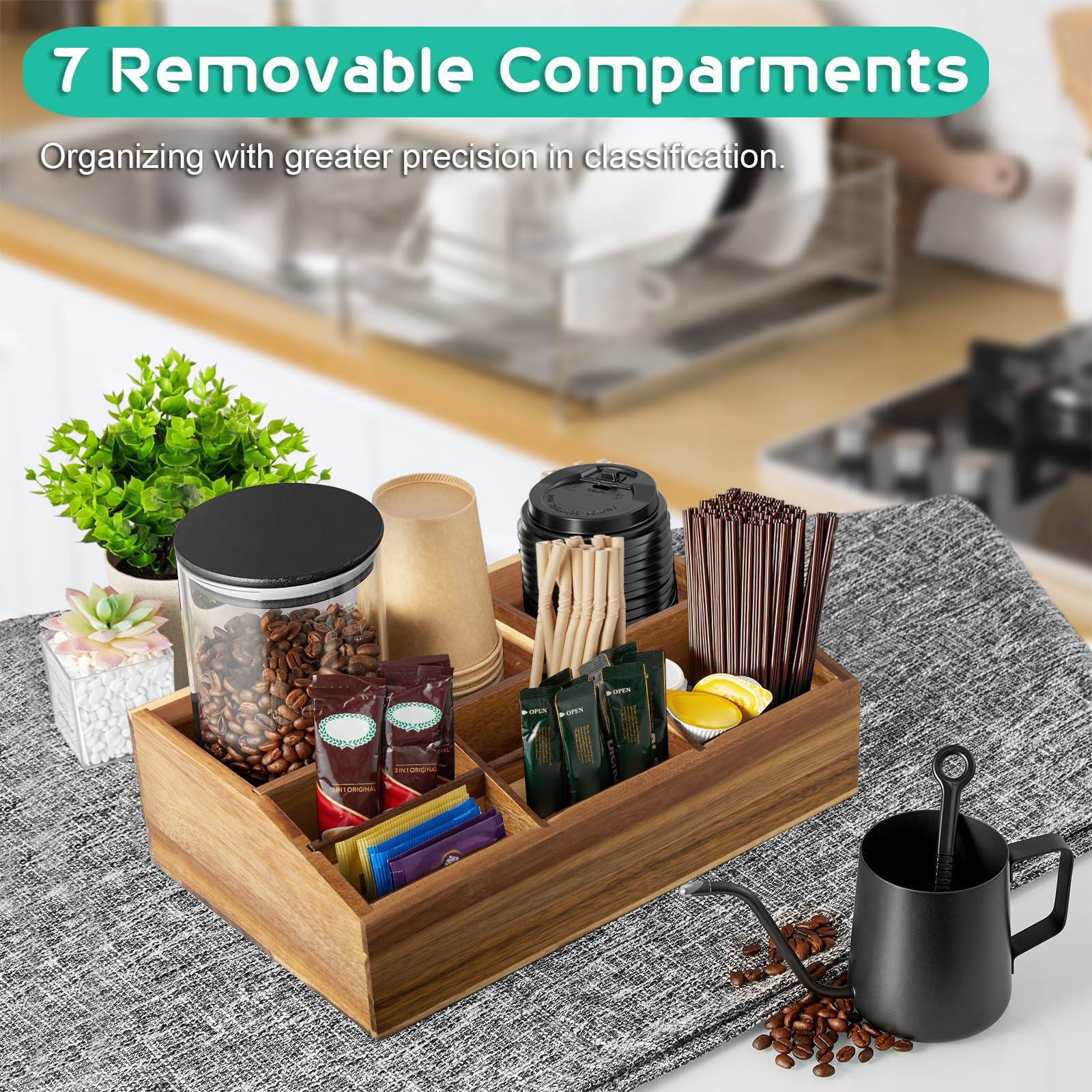 Acacia Wood Coffee Station Organizer for Countertop - 7 Compartments Coffee Bar Accessories and Organizer with Removable Dividers - Coffee and Tea Condiment storage Organizer for Coffee Bar Decor - Image 7