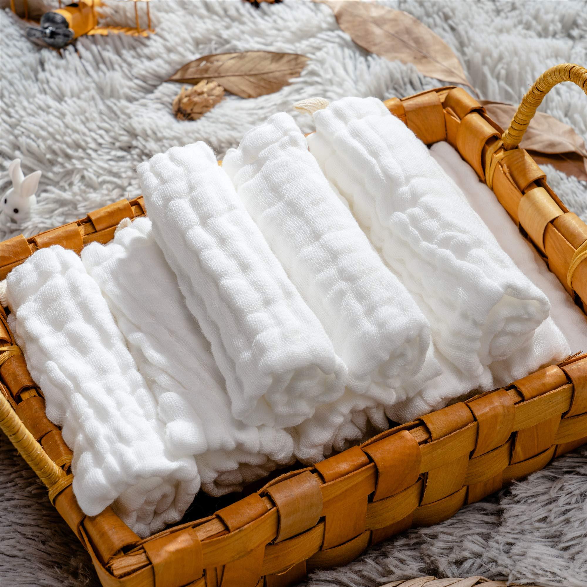 Baby Muslin Washcloths- Natural Organic Cotton Baby Wipes - Soft Newborn Baby Face Towel for Sensitive Skin- Baby Registry as Shower Gift, 10 Pack 10x10 inches By MUKIN (White) - Image 2
