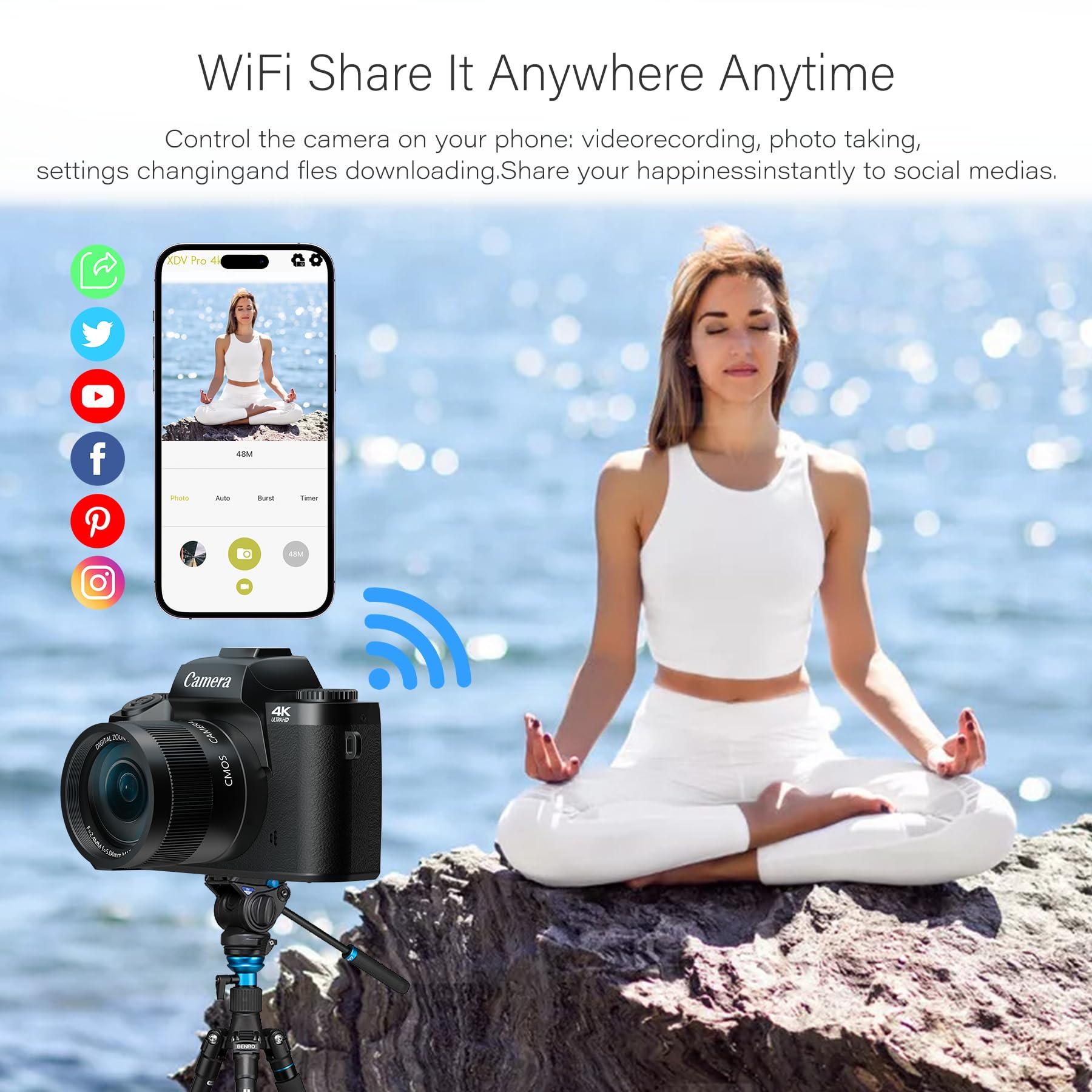 Saneen Digital Camera for Photography, 4K 64MP WiFi Touch Screen Vlogging Camera with Flash, 32GB Micro Card, Lens Hood, 3000mAH Battery, Front and Rear Cameras, 4″Big Screen, Hot Shoe Interface-Black - Image 4