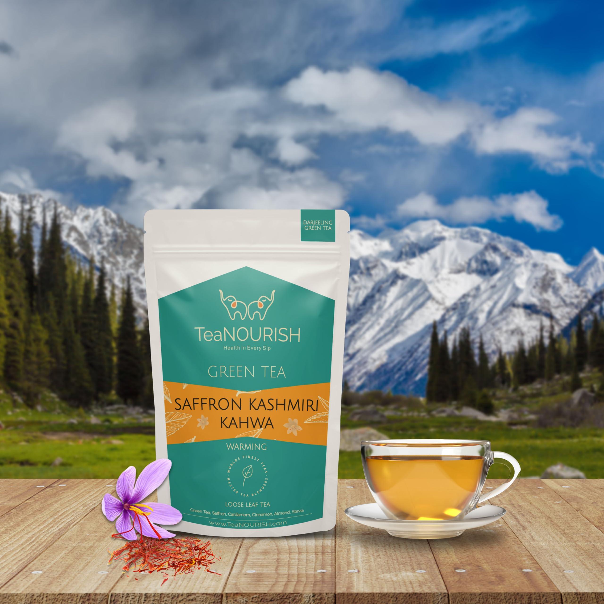 TeaNOURISH Saffron Kashmiri Kahwa | Loose Leaf Green Tea | Saffron, Cardamom, Cinnamon, Almond | Warming & Soothing | Improves Digestion, Boosts Immunity - 3.53oz/100g - Image 3