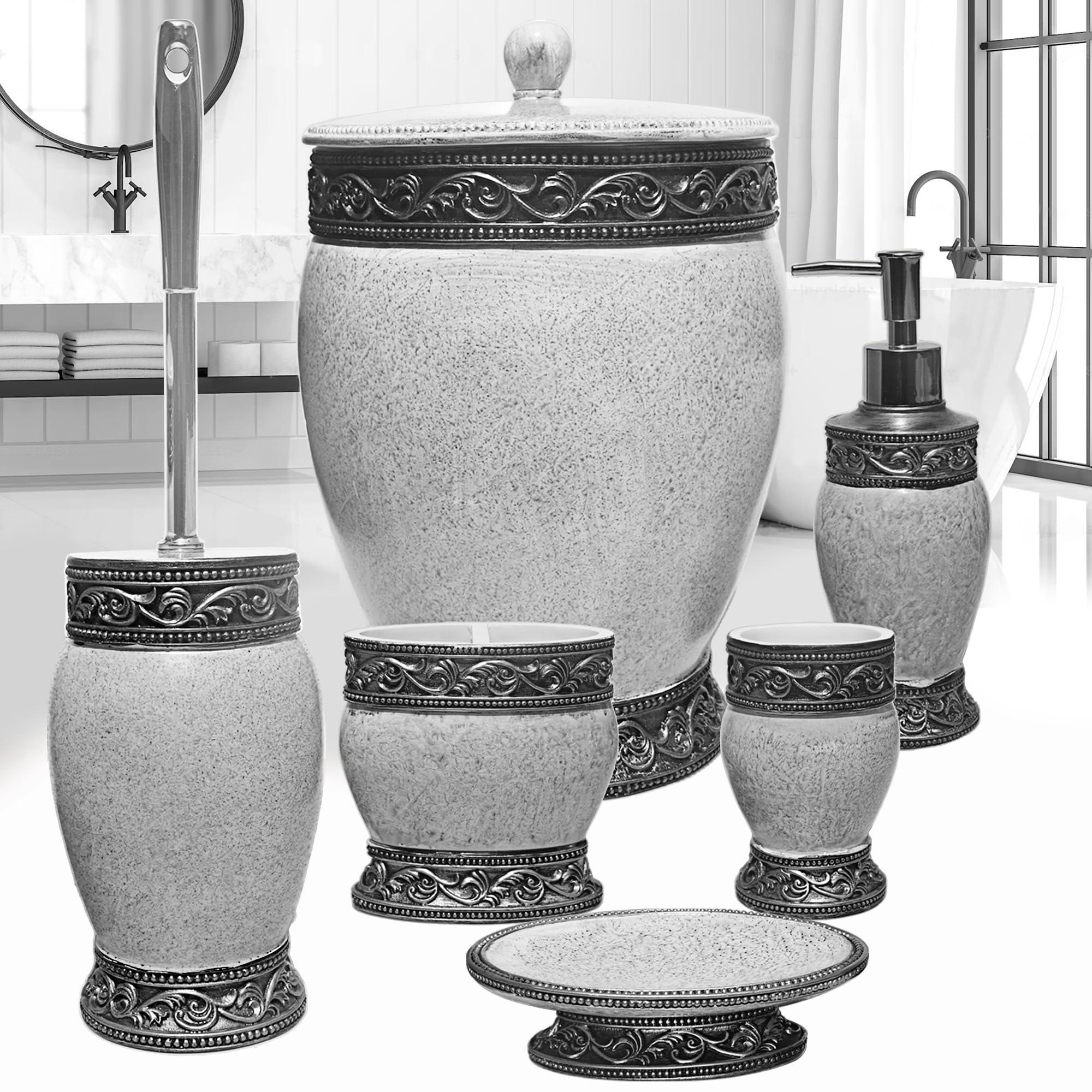 6 Pieces Bathroom Accessories Set Including Trash Can, Cup, Toothbrush Holders, Soap Dishes, Soap Dispenser and Toilet Brush, Home Decoration, Retro Style, Grey