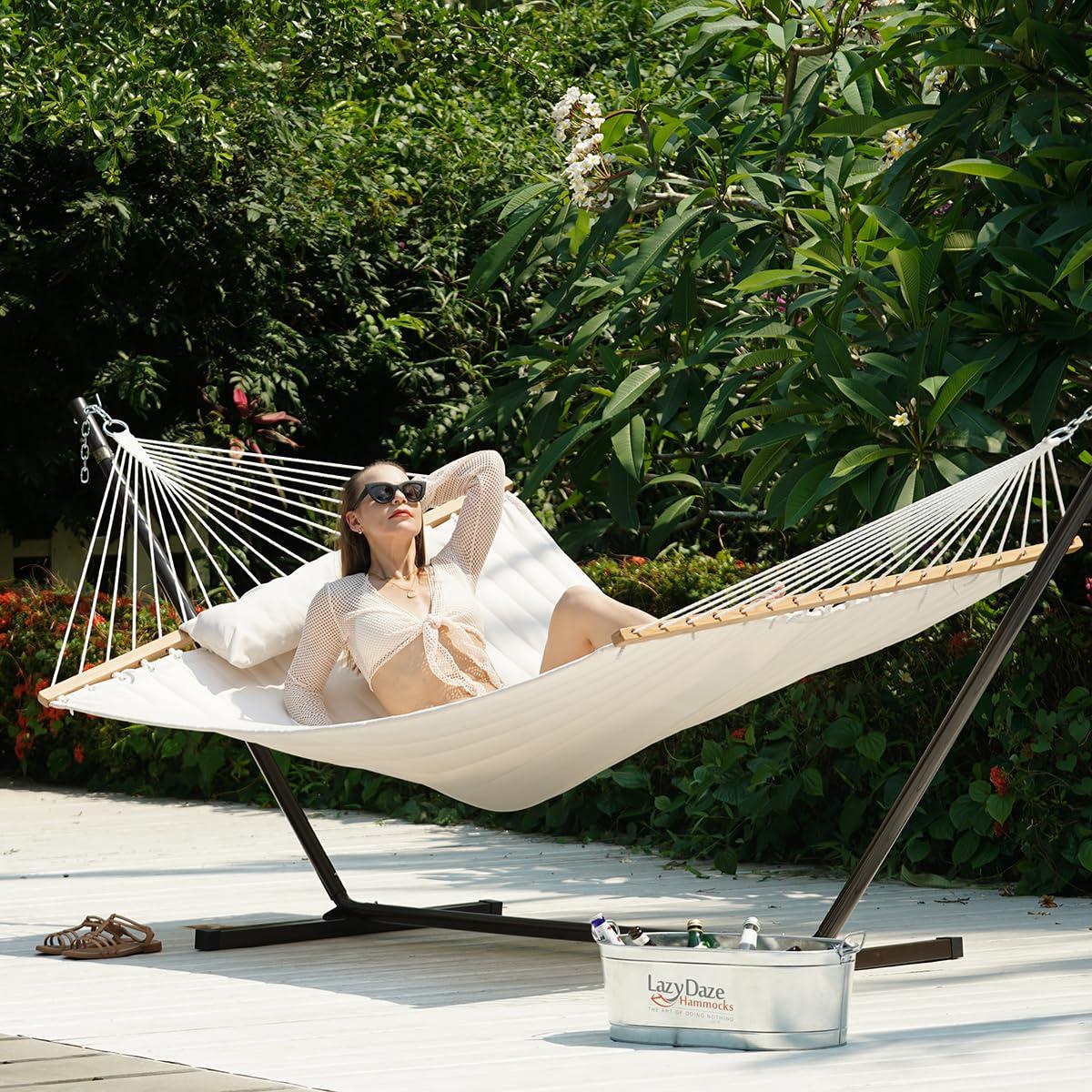 Lazy Daze Hammocks 12 FT Double Quilted Fabric Hammock with Spreader Bars and Detachable Pillow, 2 Person Hammock for Outdoor Patio Backyard Poolside, 450 LBS Weight Capacity, Natural - Image 8