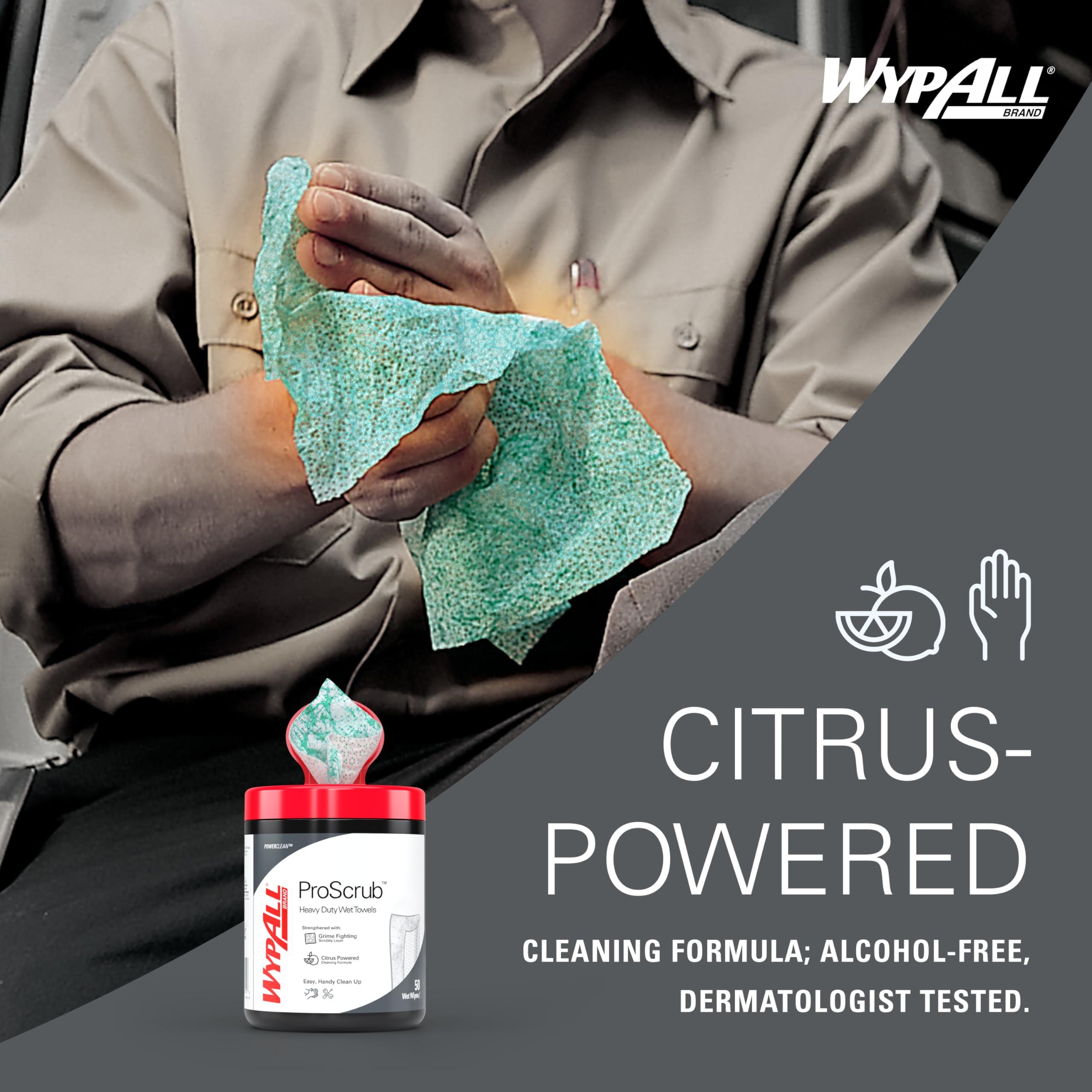 WypAll PowerClean ProScrub Heavy Duty Wet Towels (58310), Dual Action Cleaning, Large 9.5" x 12" Wipes, Canister Included (8 Canisters of 50 Sheets, 400 Sheet Total) - Image 6
