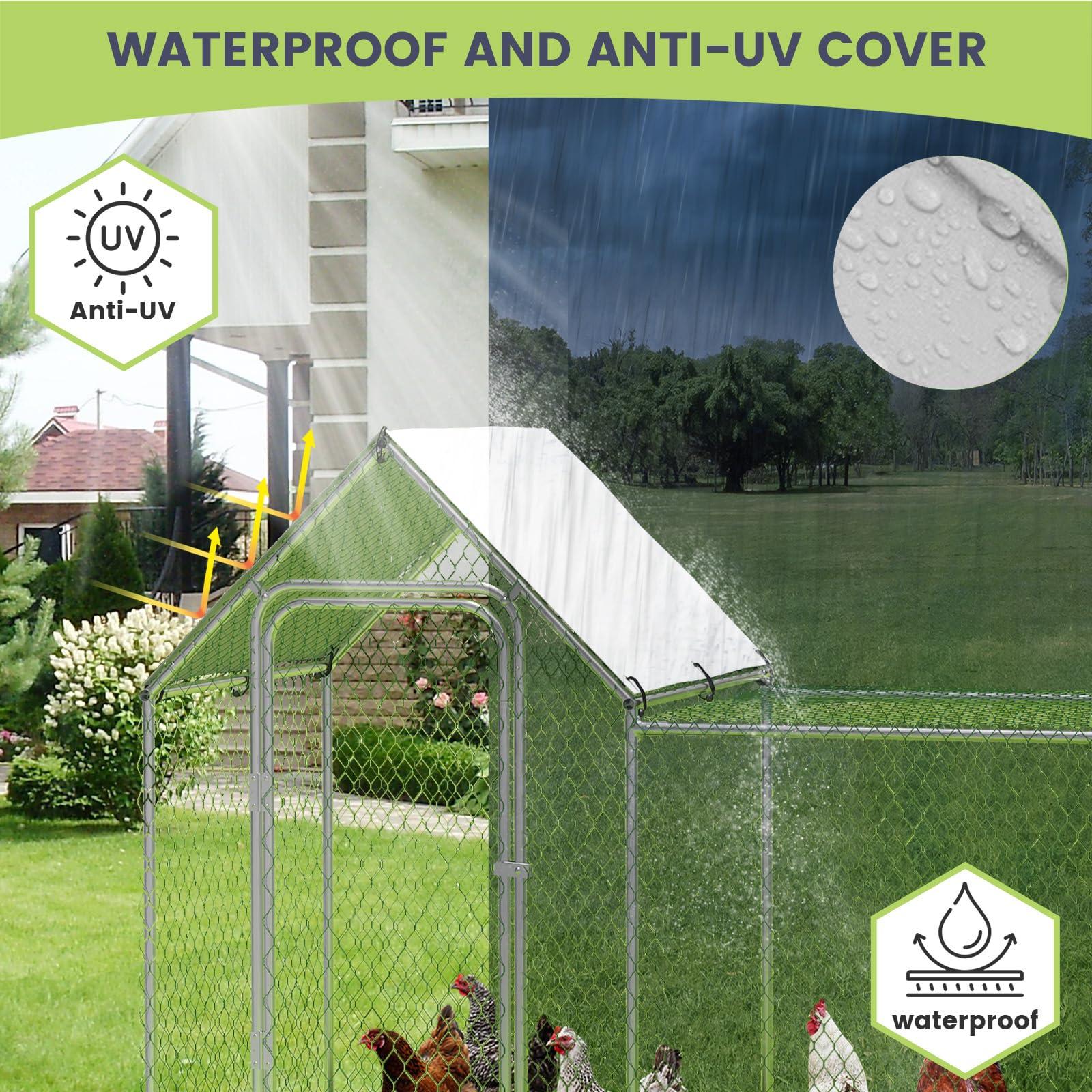 Chicken Coop, Large Metal Chicken Run, Outdoor Chicken Pen with Waterproof and Anti-UV Cover, Walk-in Chicken House with Lockable Door, for Yard, Farm Use, 10' W x 3.3' D x 5' H - Image 6