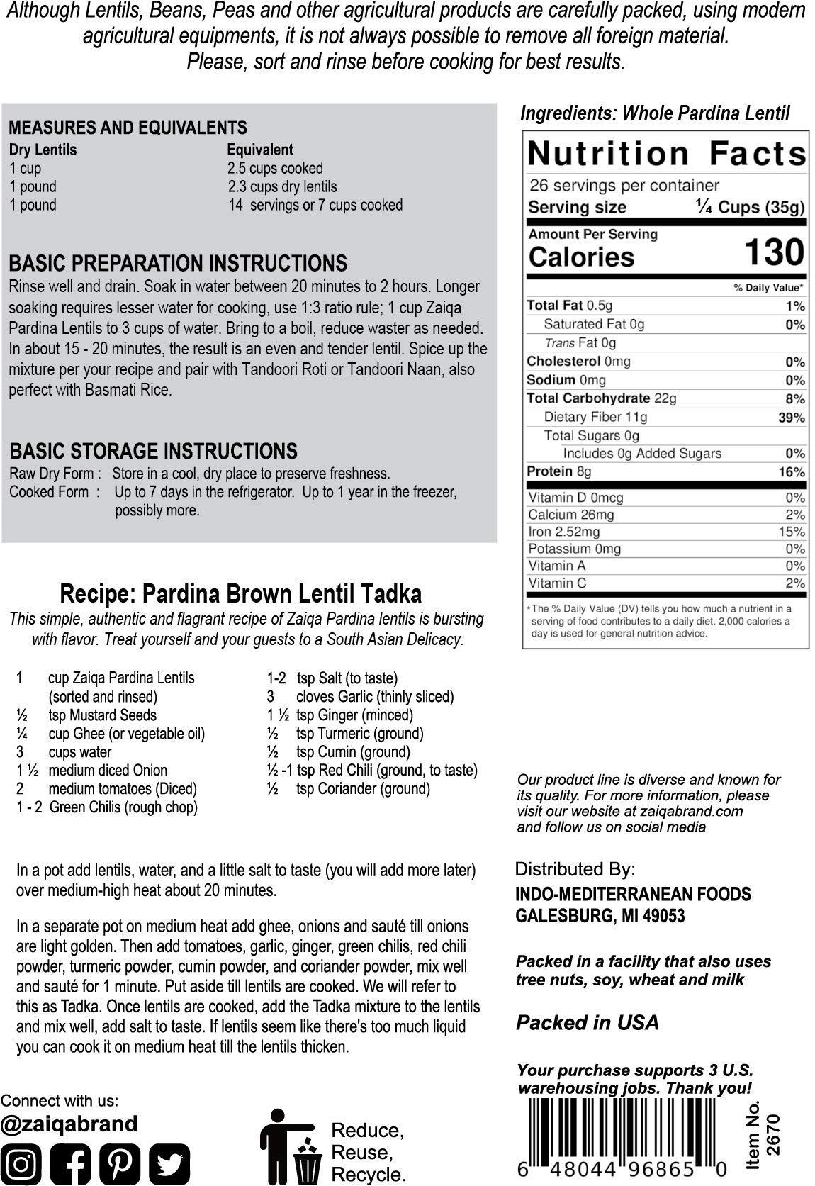 Zaiqa Pardina Brown Lentils or Whole Spanish Lentils | Make Kitchari, Vegan Soups, Stews, Salads & Indian Curry With Unique Nutty Flavor | Naturally Non-GMO, Nutritious & Pacific Northwest Grown - 2 LBS - Image 2