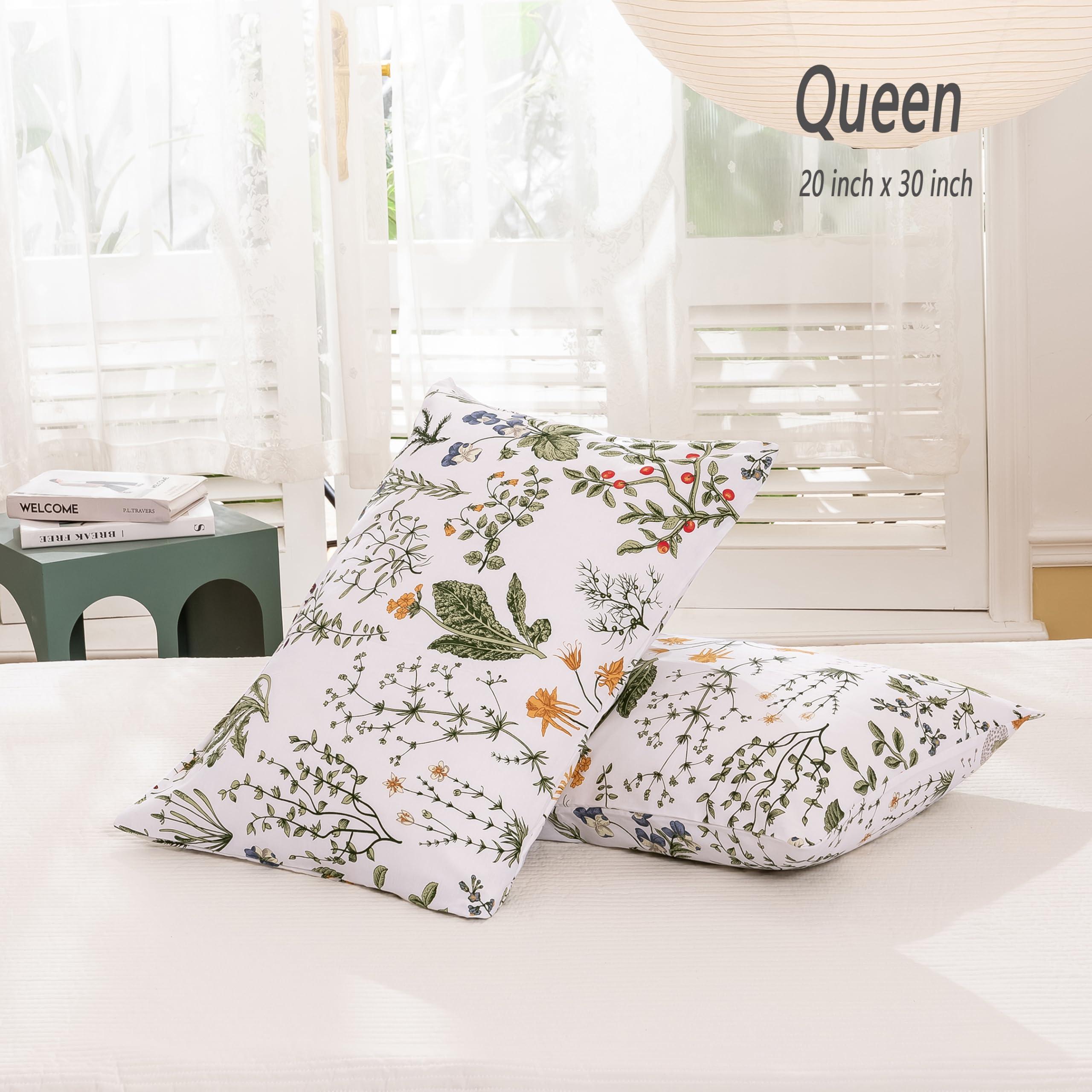 ECOCOTT 2 Pack Pillowcase Queen Size with Green Botanical Floral Leaves Pillow Cases Set, 100% Cotton Queen Pillow Covers Envelope Closure (Queen, 20"x30") - Image 2