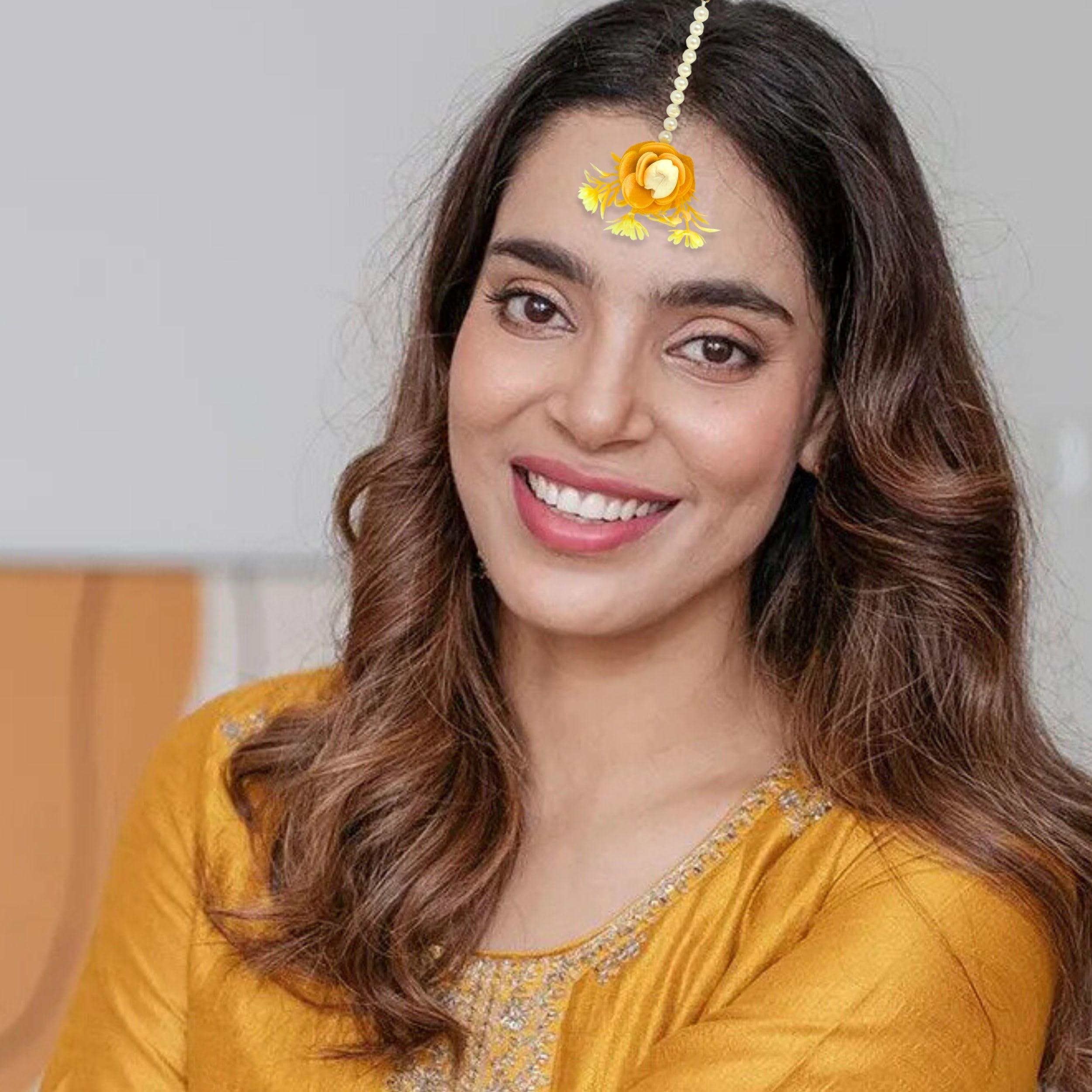 Flower Maang Tikka Set for Wedding | Sagai| Haldi | Mehandi | Party in Yellow Colour for Women, Floral Jewellery/Jewelry Mangtika Combo 5 Pcs - Image 2
