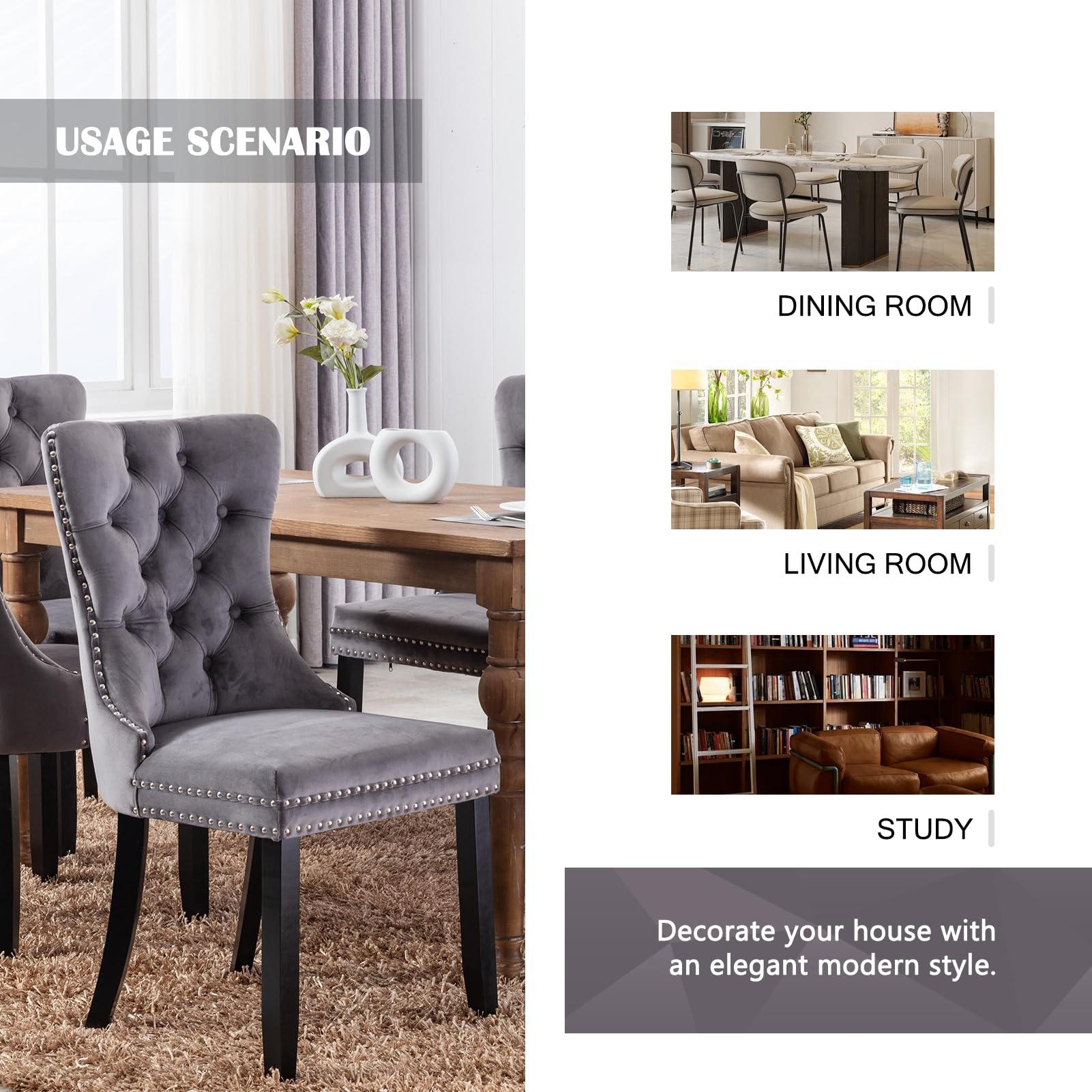 Hixkol Velvet Dining Chairs Set of 4,Upholstered Dining Chairs with Ring Pull Trim and Button Back,Modern Seating for Kitchen, Bedroom & Living Room(Grey) - Image 5
