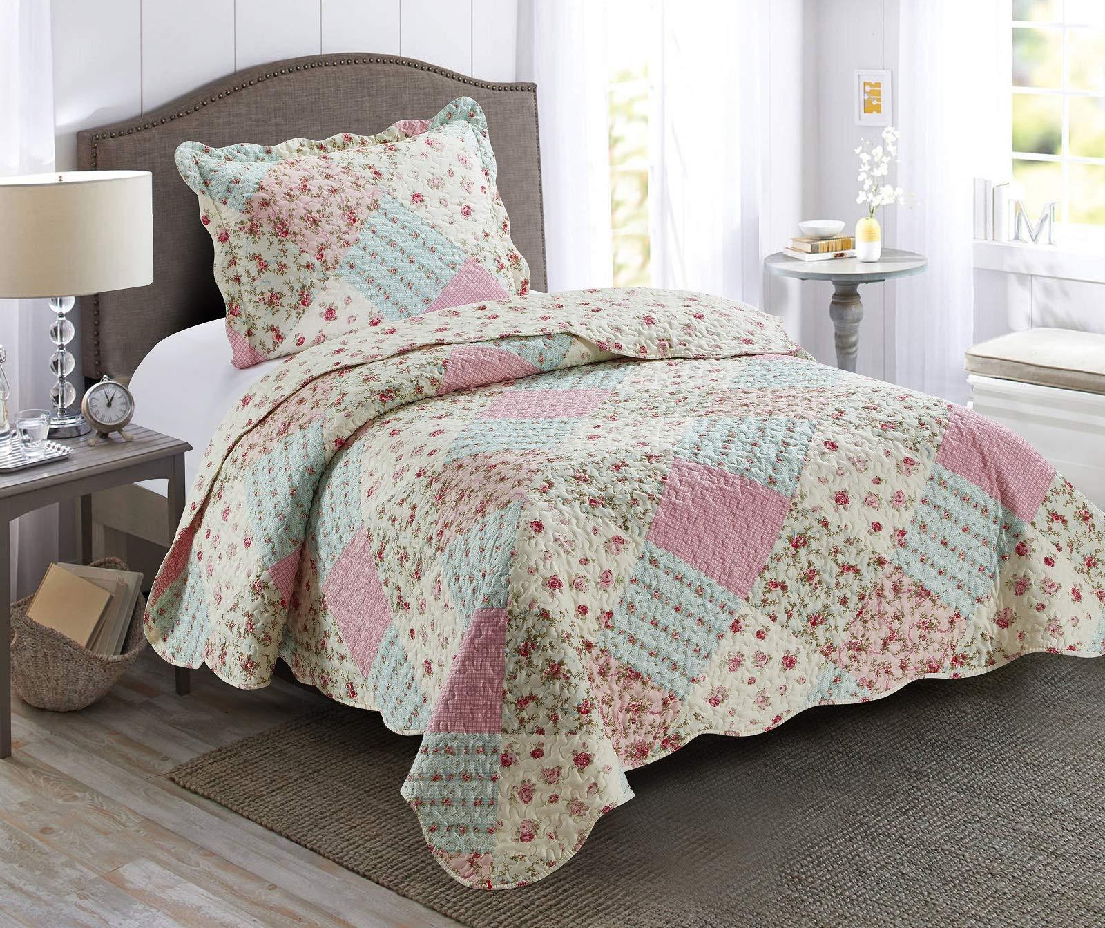 Brilliant Sunshine Roses Quilt Set, 2-Piece Bedding Sets with 1 Sham, Patchwork Design, Washable and Reversible Bedspread, Soft Lightweight Coverlet, All-Season, Twin/Twin XL, Pink Green
