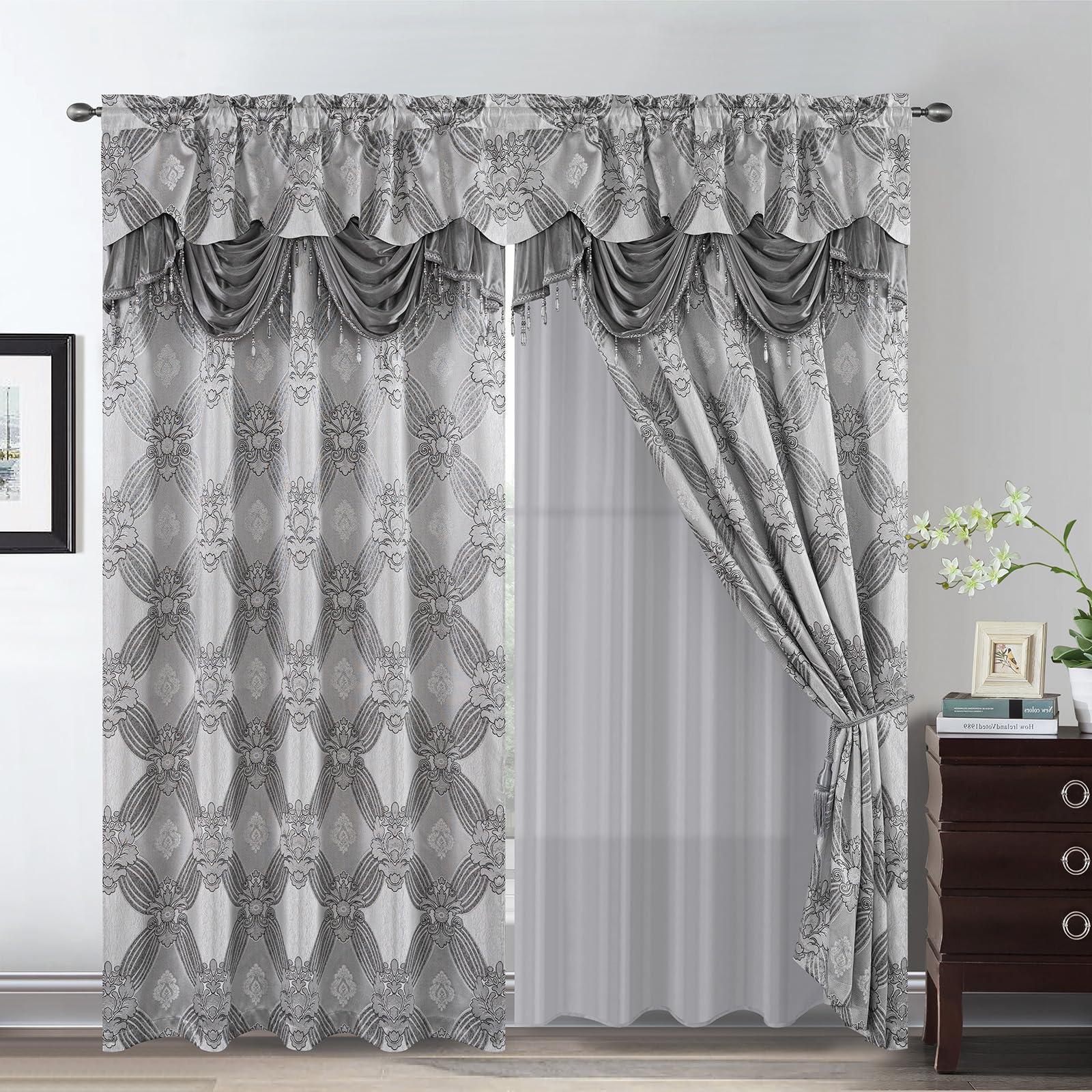 Petrichor Elegance Curtains with Gold Silver Threads 2 Panels Set - Luxury Window Treatment Attached Valance, Sheer Backing, and 2 Tie Backs for Bedroom and Living Room, 54x84 inches, Silver