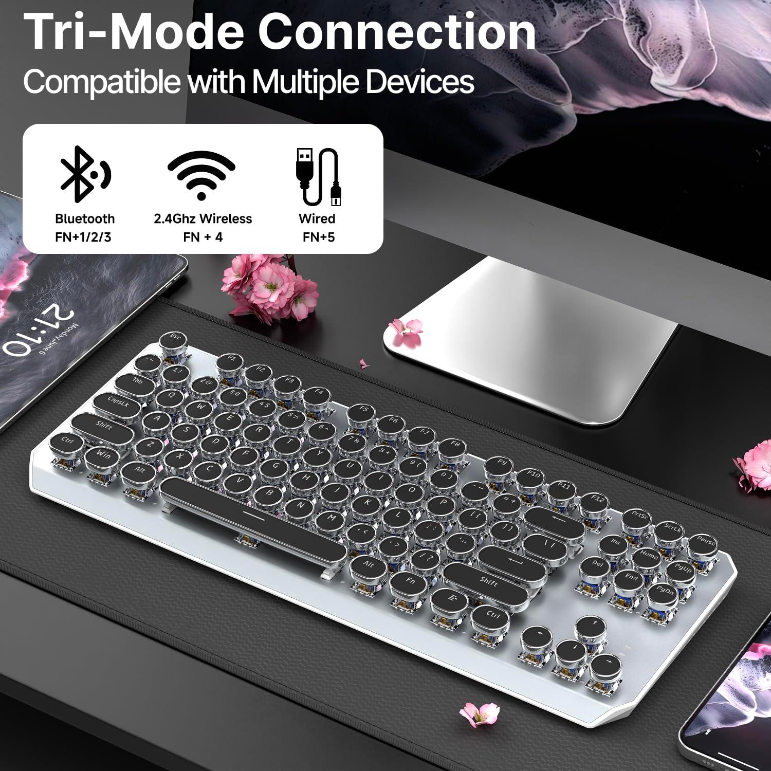 SEUNKWANG EWEADN TK940 Wireless Mechanical Typewriter Keyboard,80% Layout with White Backlit, Anti-Ghosting, Blue Switch Bluetooth/2.4GHz/USB-C Aesthetic Keyboard-Black - Image 3