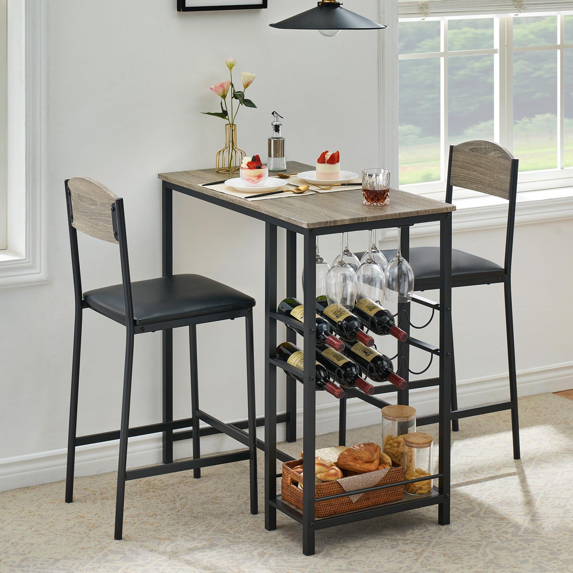 GarveeHome Dining Table Set for 2, Small Kitchen Room Table Set for 2 with Storage Shelf and Wine Rack, Space Saving Bar Table and Chairs Set of 2, Metal Frame and Pu Cushion, Gray
