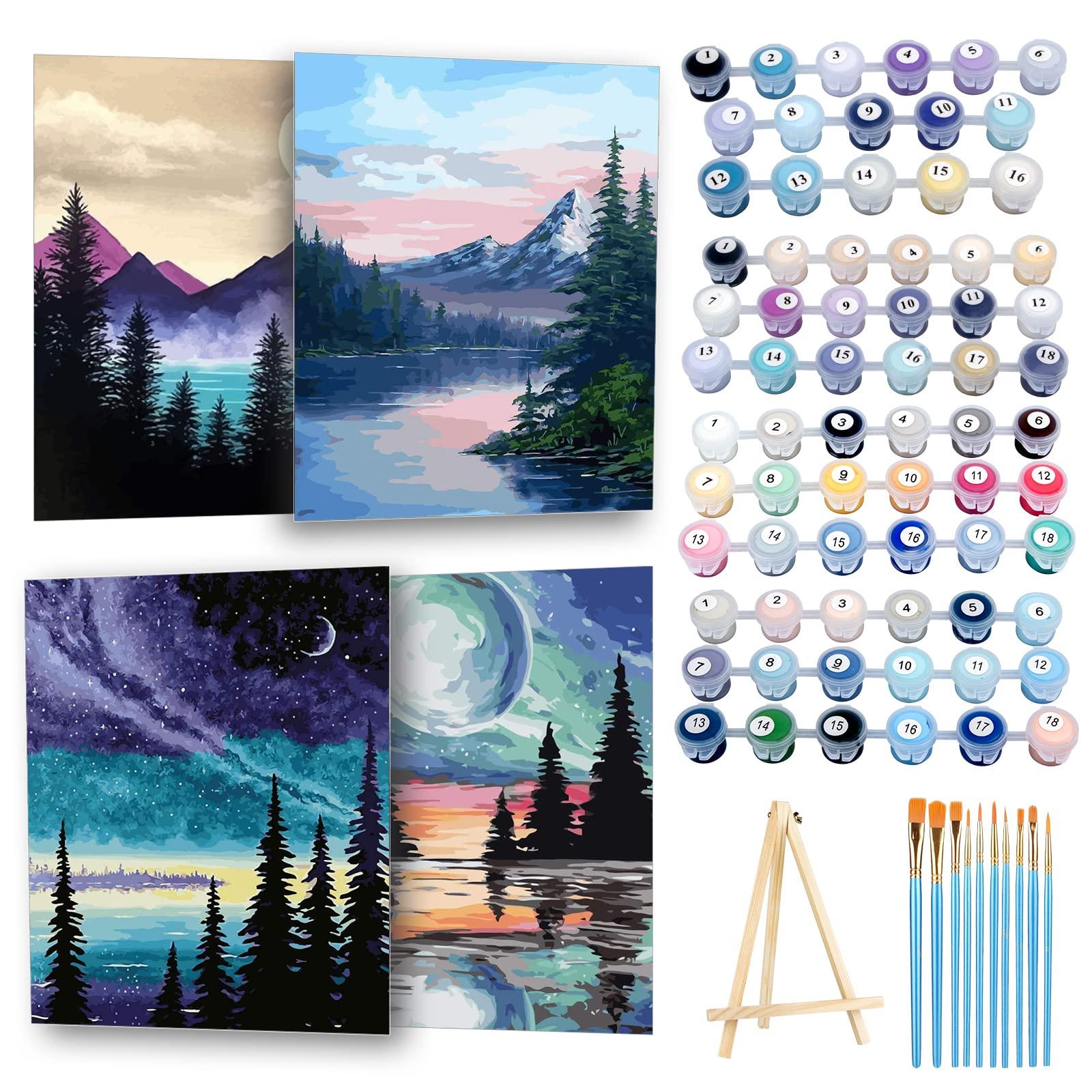 Ninonly 4 Pack Paint by Number for Adults Framed Canvas, DIY Arts and Crafts for Adults Beginner with Wooden Easel, Paint Brushes, Acrylic Paint Set for Home Wall Decor, 9 * 12 Inch