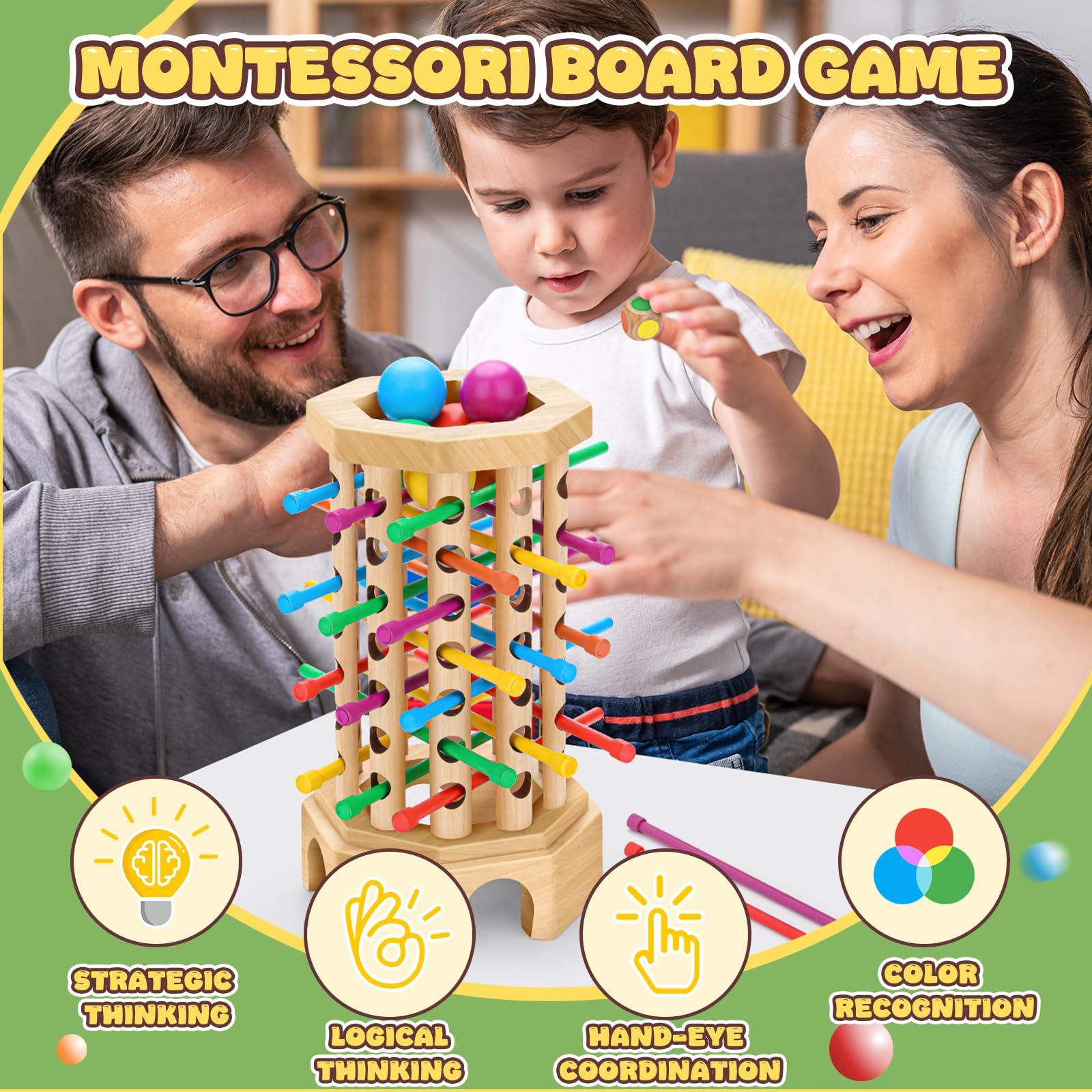 Montessori Wooden Board Game for Kids 3-6 Years - Educational Learning Toy with Colorful Sticks, Dice& Balls - Fine Motor Skills, Classic Tower Games for Family Night - Gift for Toddlers Boys Girls - Image 7